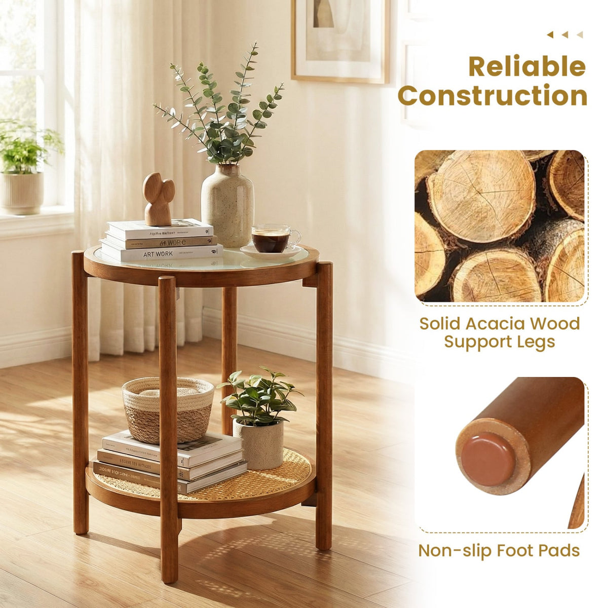 Round Side Table 2-Tier Boho End Table with Tempered Glass Top-Walnut-End & Side Tables-DECOROLALA