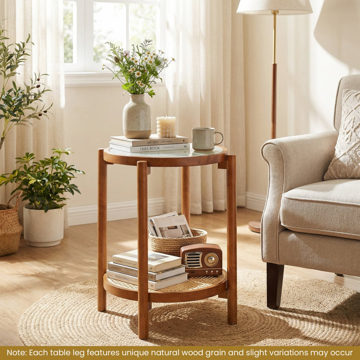 Round Side Table 2-Tier Boho End Table with Tempered Glass Top-Walnut-End & Side Tables-DECOROLALA