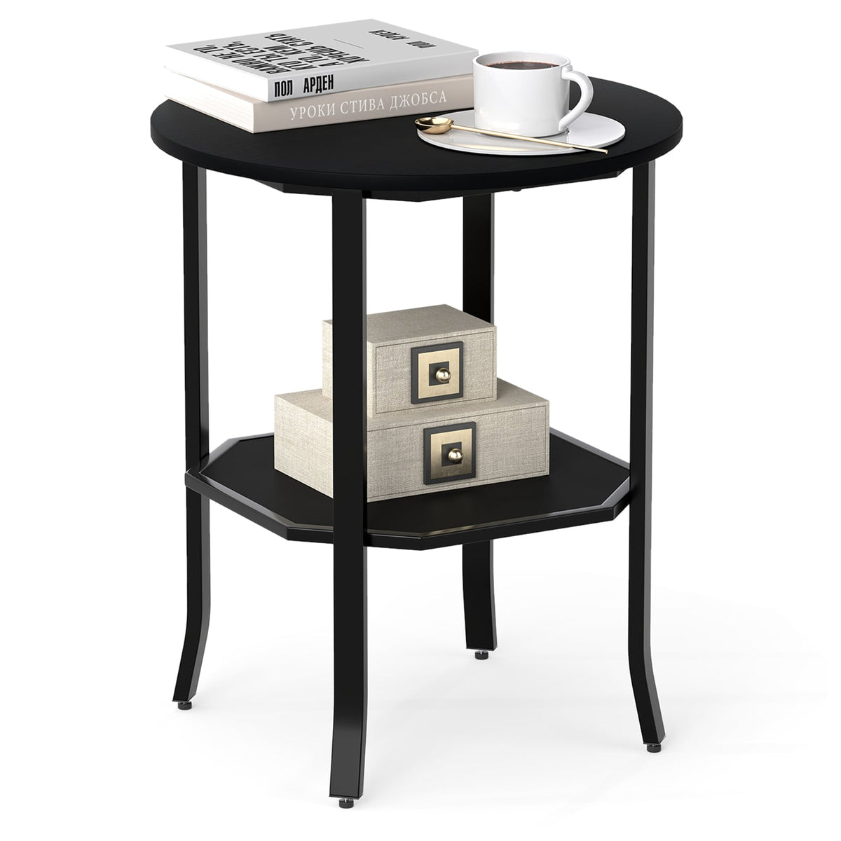 Round Side Table Small End Table with Storage Shelf 2-Tier Nightstand for Small Space-Black-End & Side Tables-DECOROLALA