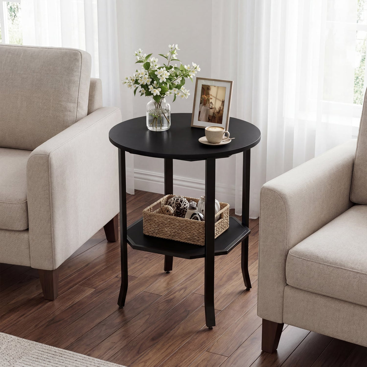 Round Side Table Small End Table with Storage Shelf 2-Tier Nightstand for Small Space-Black-End & Side Tables-DECOROLALA