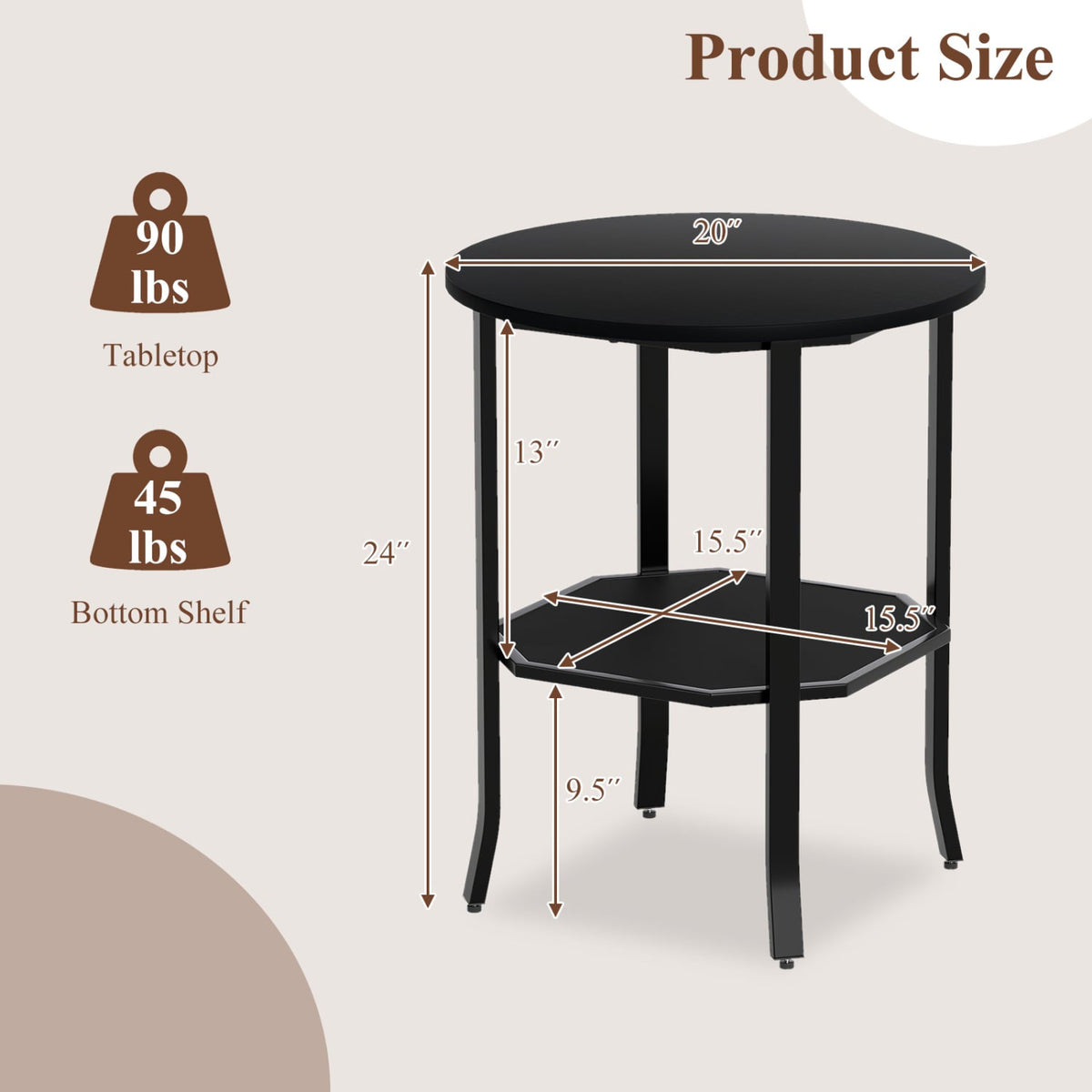 Round Side Table Small End Table with Storage Shelf 2-Tier Nightstand for Small Space-Black-End & Side Tables-DECOROLALA