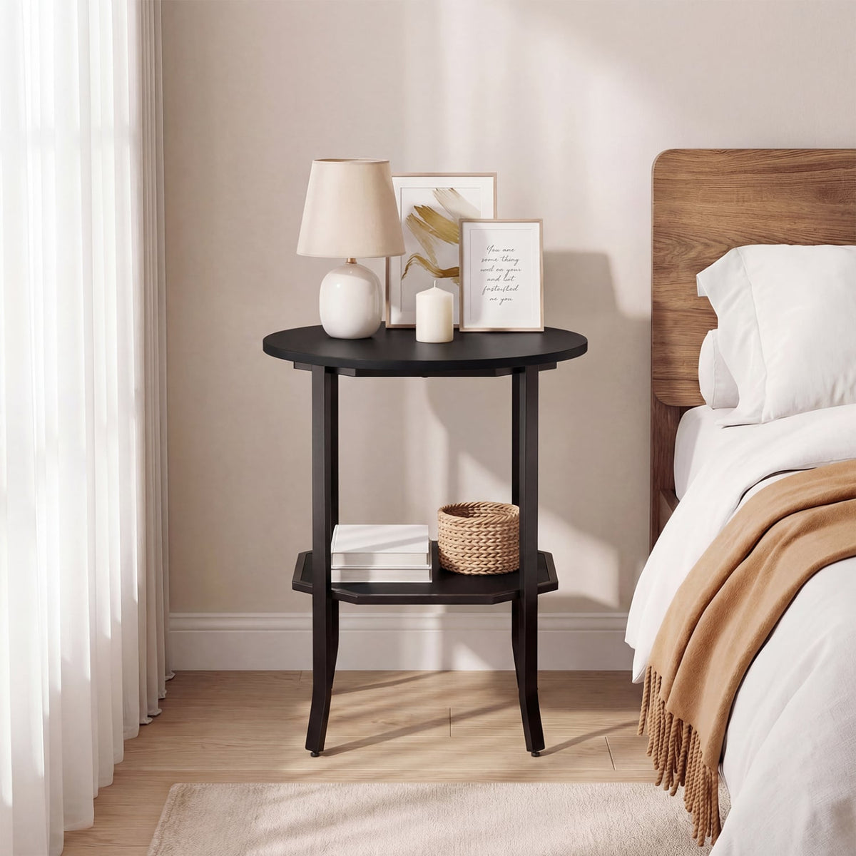 Round Side Table Small End Table with Storage Shelf 2-Tier Nightstand for Small Space-Black-End & Side Tables-DECOROLALA