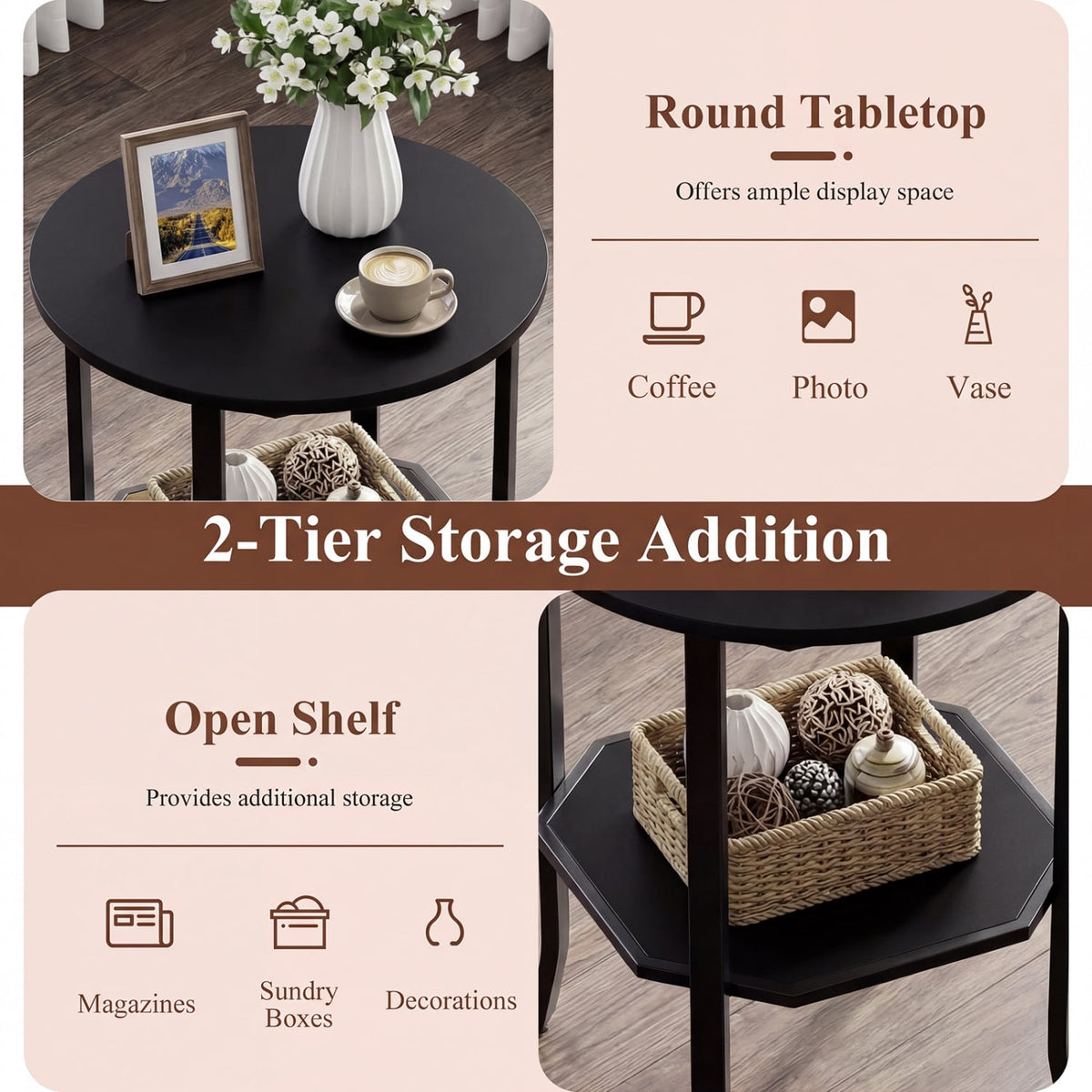 Round Side Table Small End Table with Storage Shelf 2-Tier Nightstand for Small Space-Black-End & Side Tables-DECOROLALA
