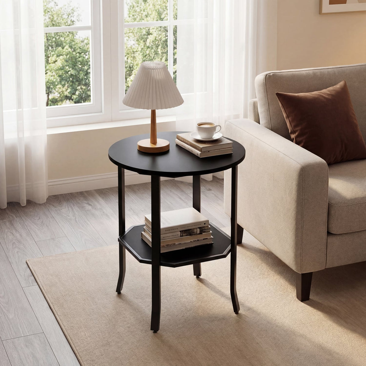 Round Side Table Small End Table with Storage Shelf 2-Tier Nightstand for Small Space-Black-End & Side Tables-DECOROLALA