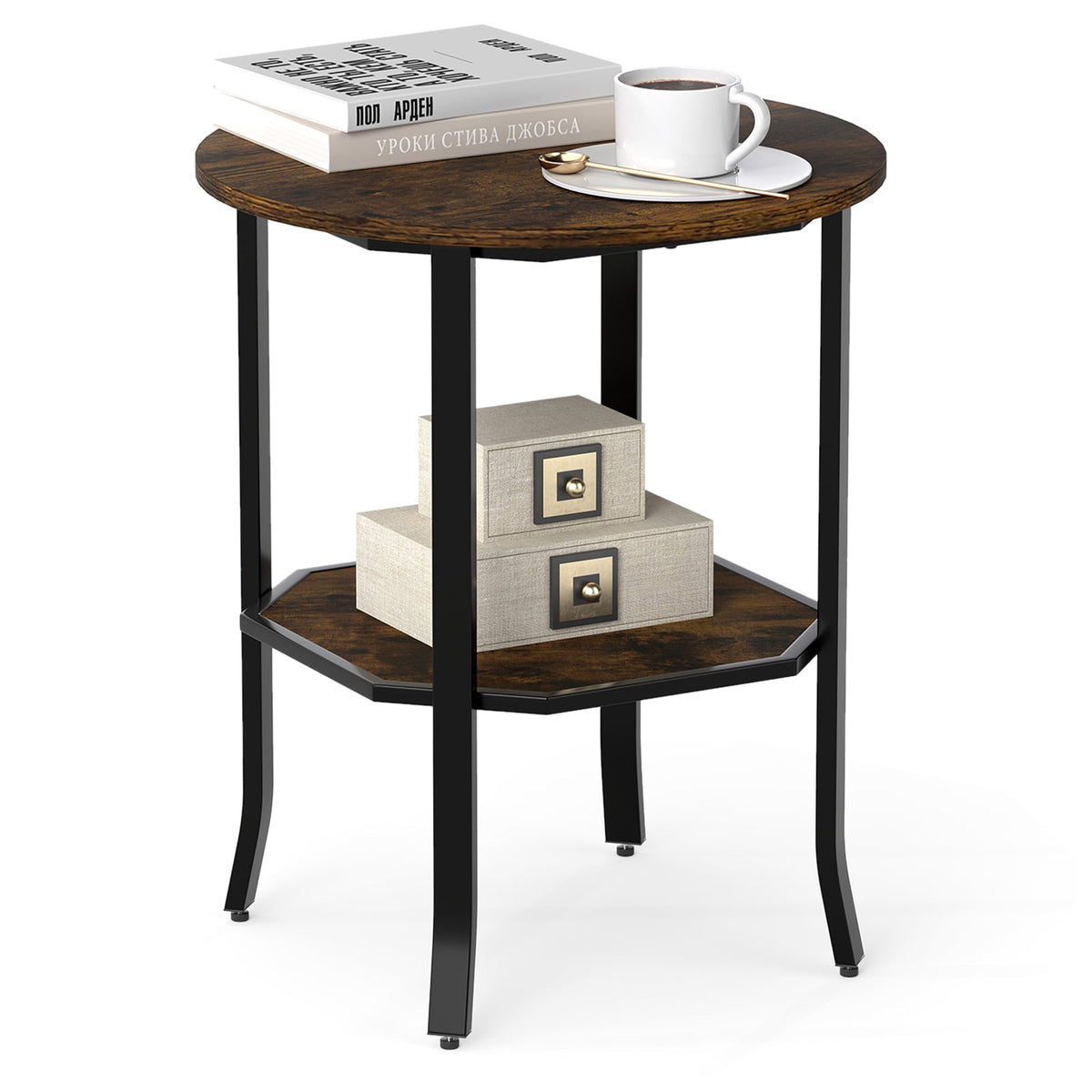 Round Side Table Small End Table with Storage Shelf 2-Tier Nightstand for Small Space-Rustic Brown-End & Side Tables-DECOROLALA