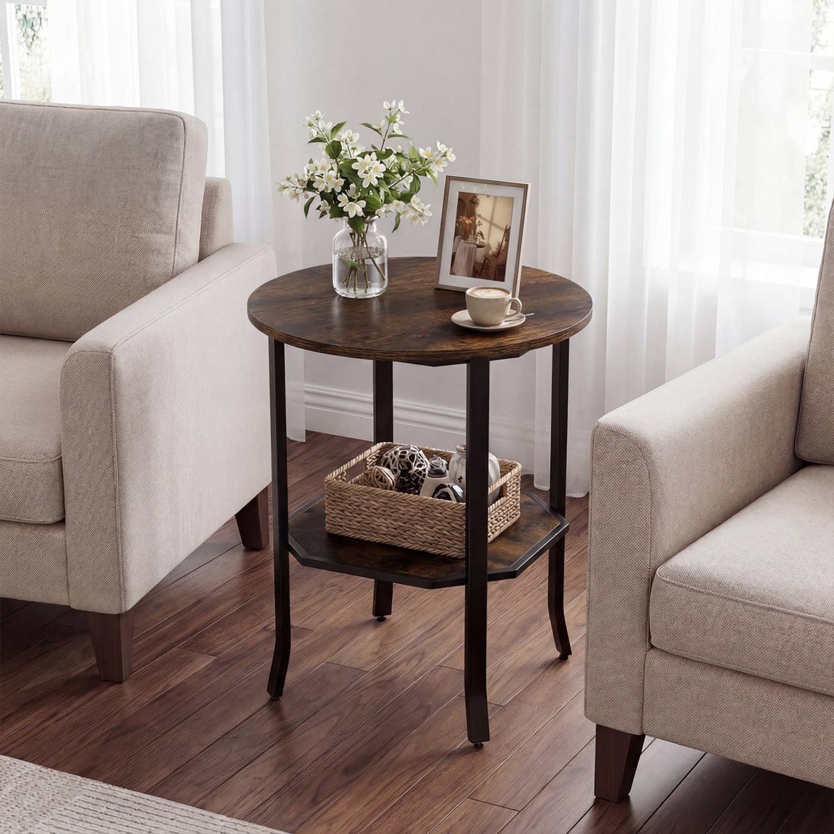 Round Side Table Small End Table with Storage Shelf 2-Tier Nightstand for Small Space-Rustic Brown-End & Side Tables-DECOROLALA