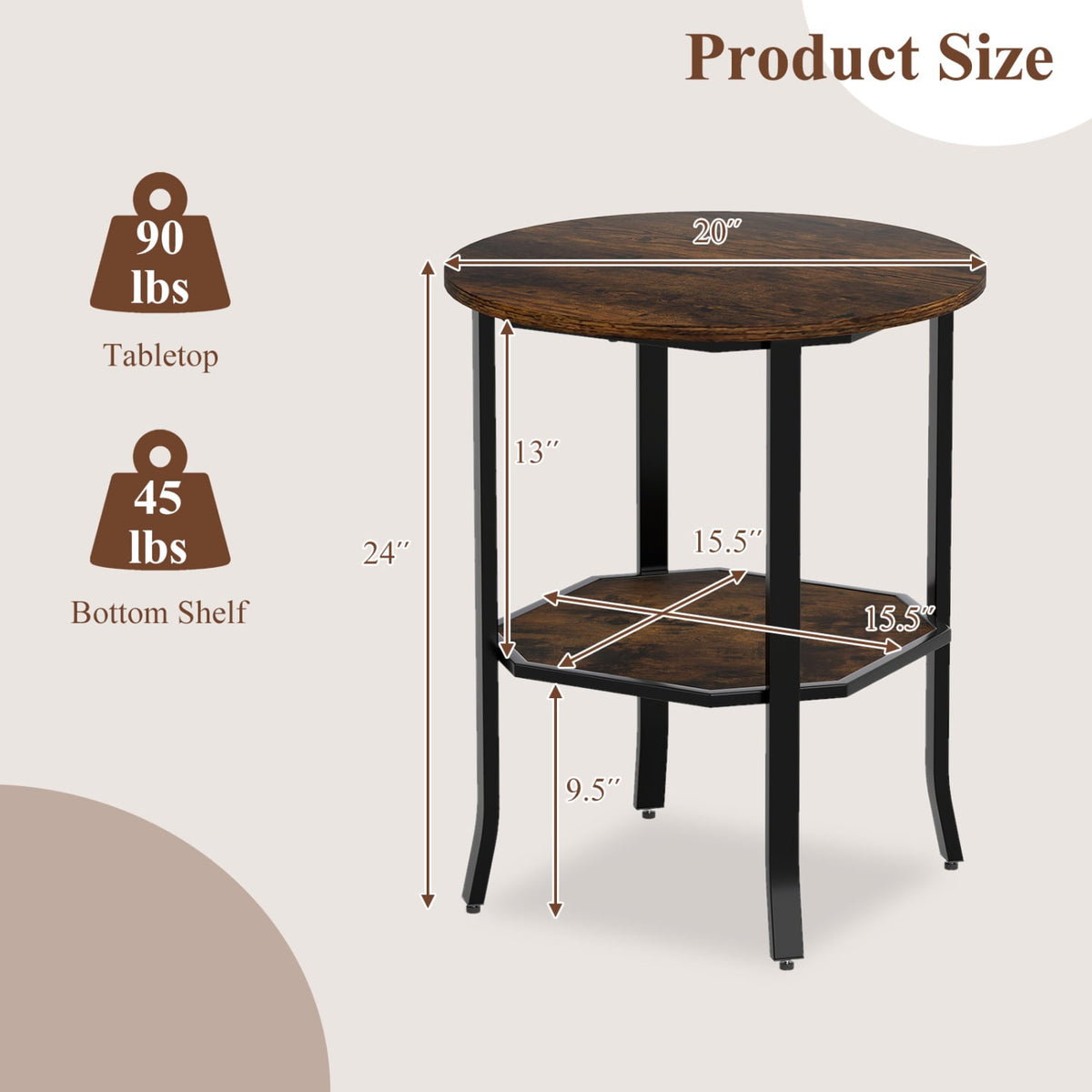 Round Side Table Small End Table with Storage Shelf 2-Tier Nightstand for Small Space-Rustic Brown-End & Side Tables-DECOROLALA