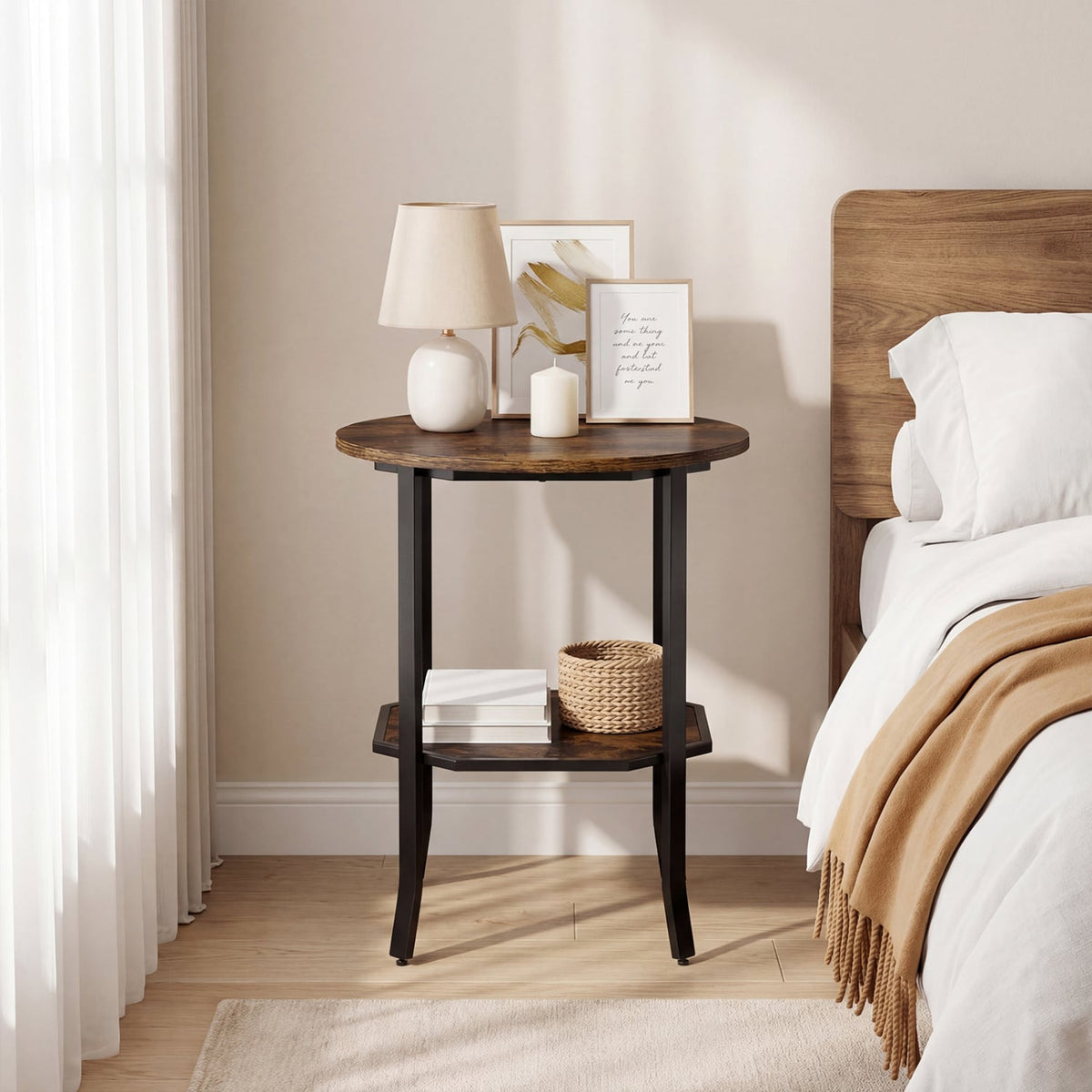 Round Side Table Small End Table with Storage Shelf 2-Tier Nightstand for Small Space-Rustic Brown-End & Side Tables-DECOROLALA