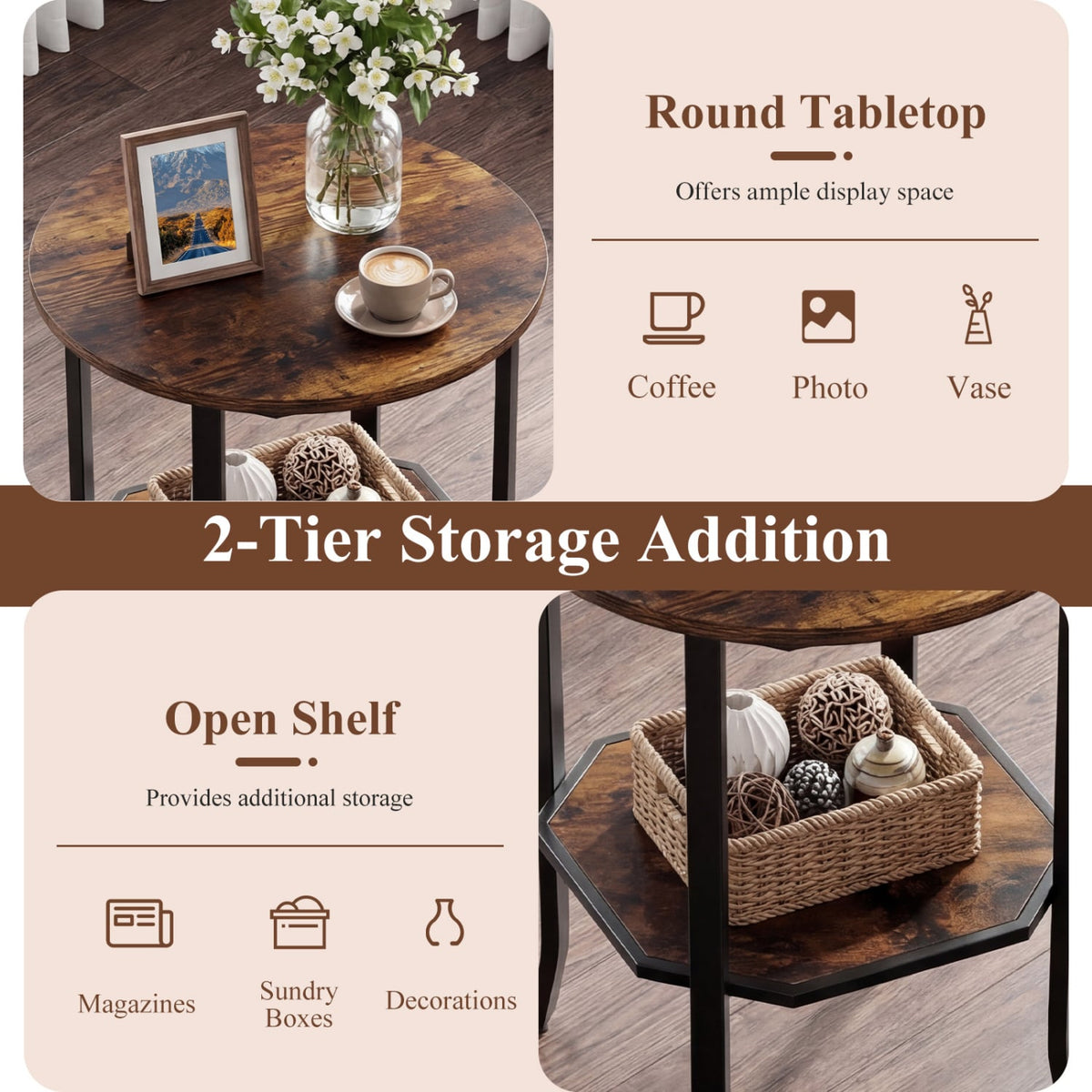 Round Side Table Small End Table with Storage Shelf 2-Tier Nightstand for Small Space-Rustic Brown-End & Side Tables-DECOROLALA