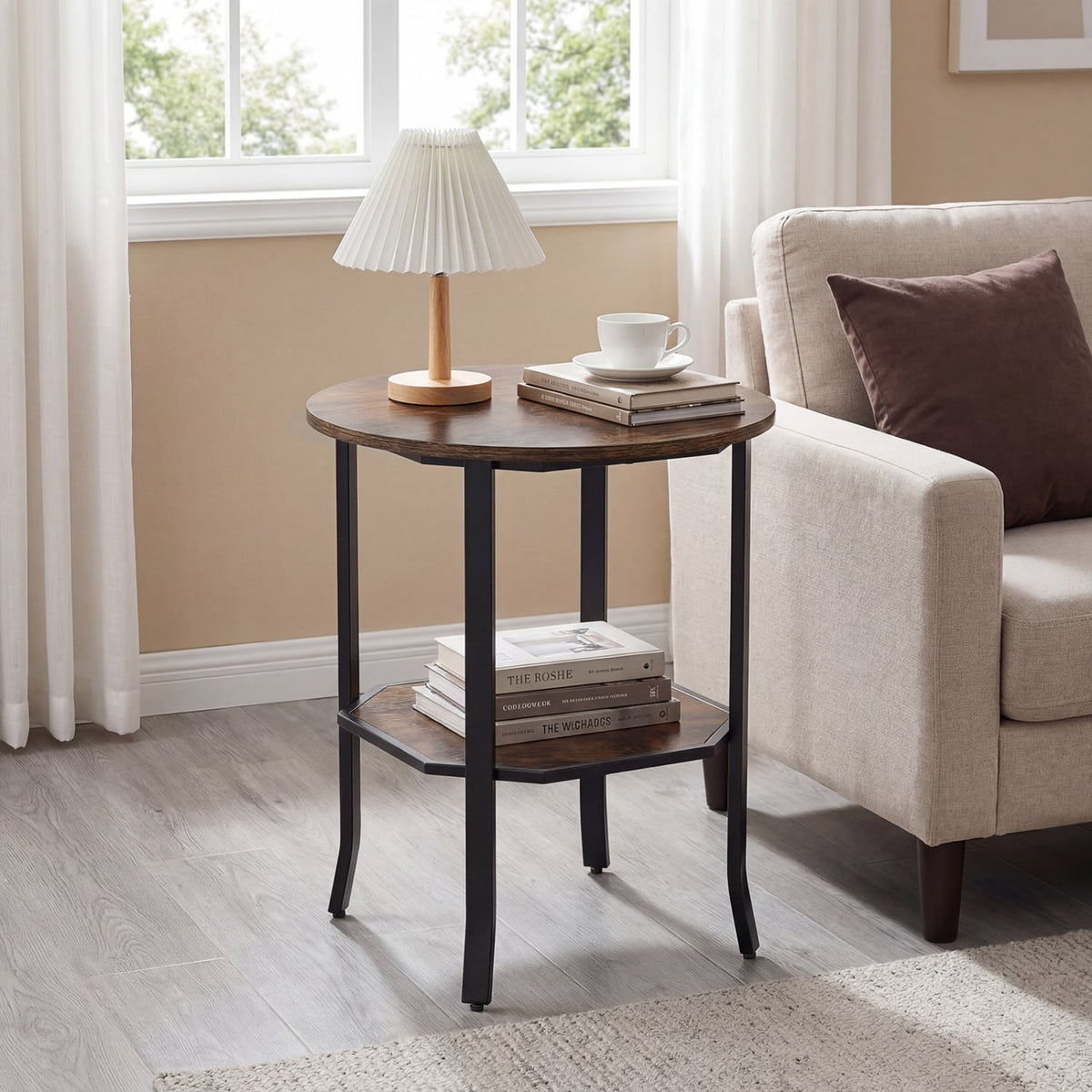 Round Side Table Small End Table with Storage Shelf 2-Tier Nightstand for Small Space-Rustic Brown-End & Side Tables-DECOROLALA