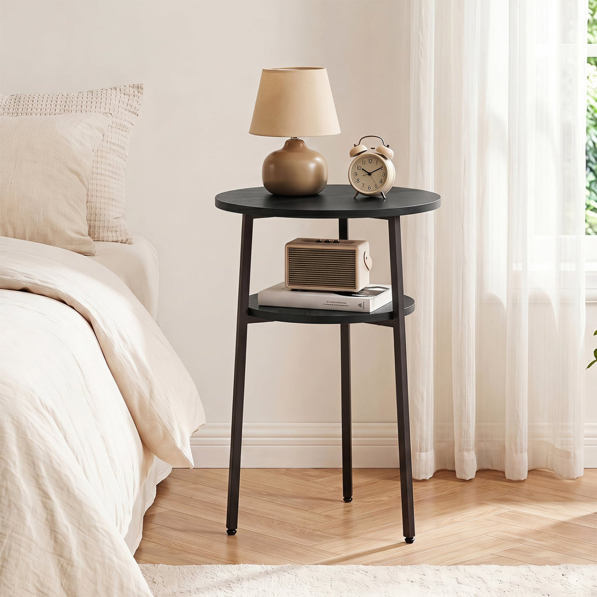 Round Side Table with Storage Shelf & Metal Frame for Living Room-Black-End & Side Tables-DECOROLALA
