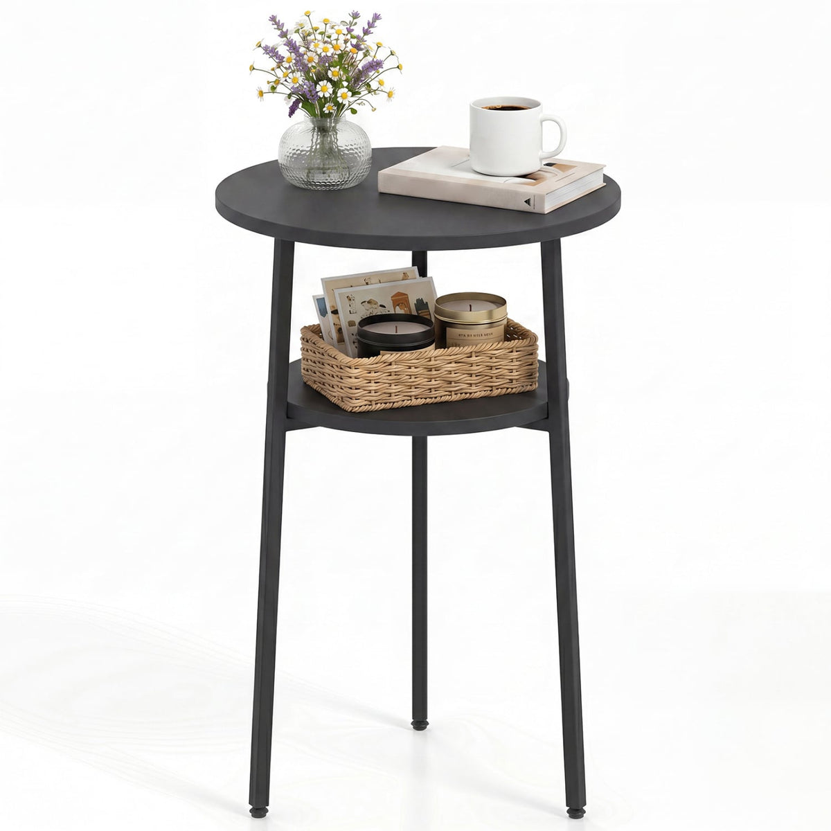 Round Side Table with Storage Shelf & Metal Frame for Living Room-Black-End & Side Tables-DECOROLALA
