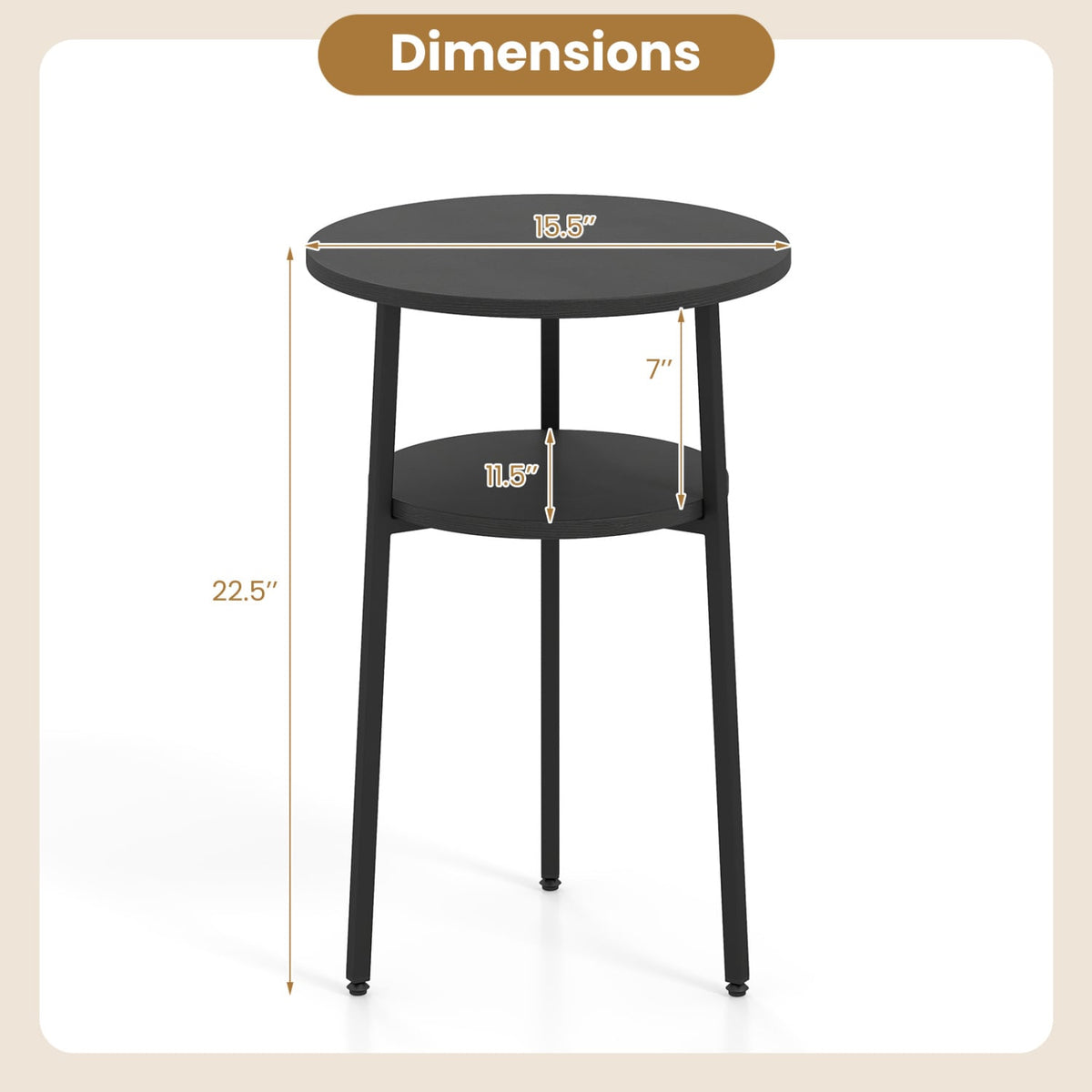 Round Side Table with Storage Shelf & Metal Frame for Living Room-Black-End & Side Tables-DECOROLALA