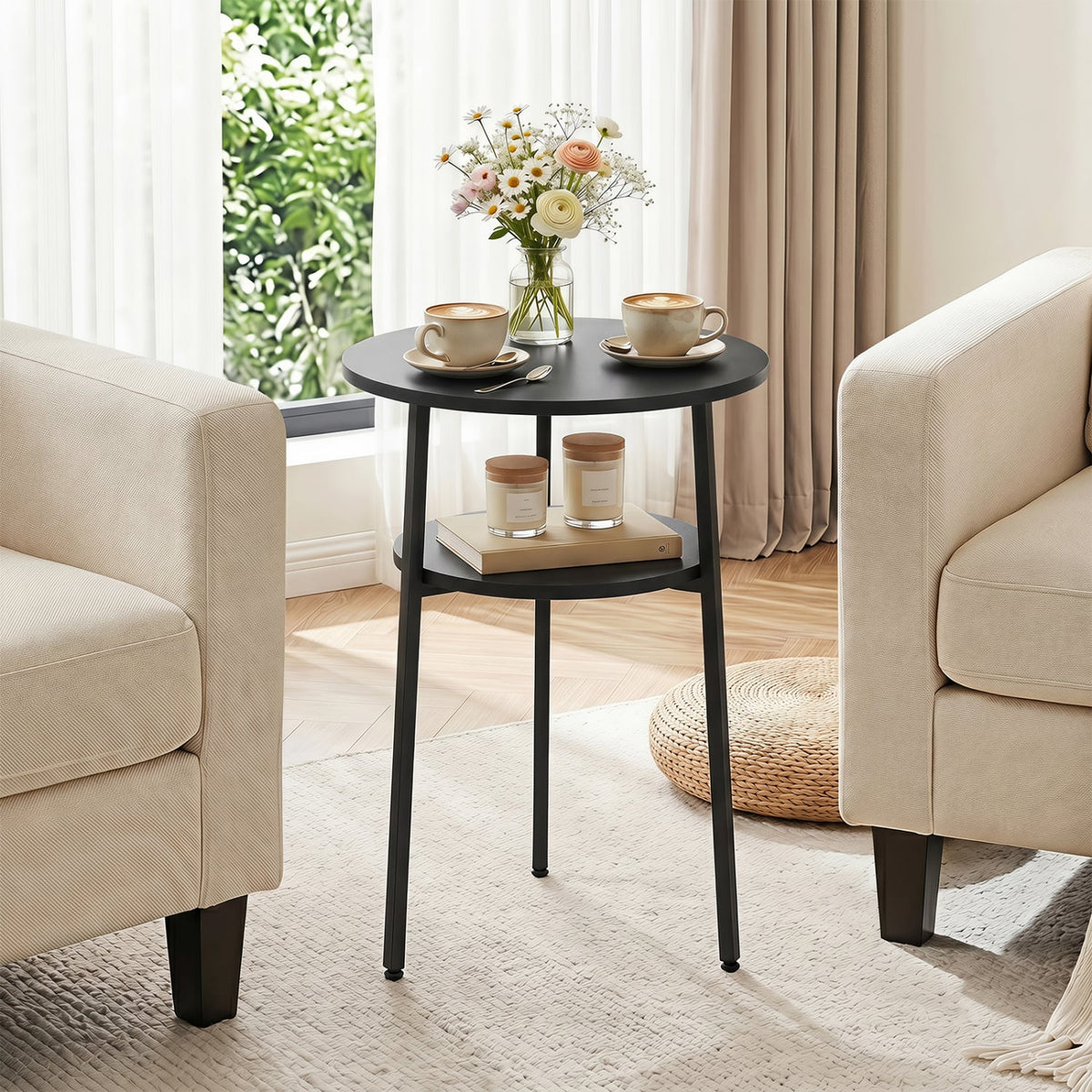 Round Side Table with Storage Shelf & Metal Frame for Living Room-Black-End & Side Tables-DECOROLALA