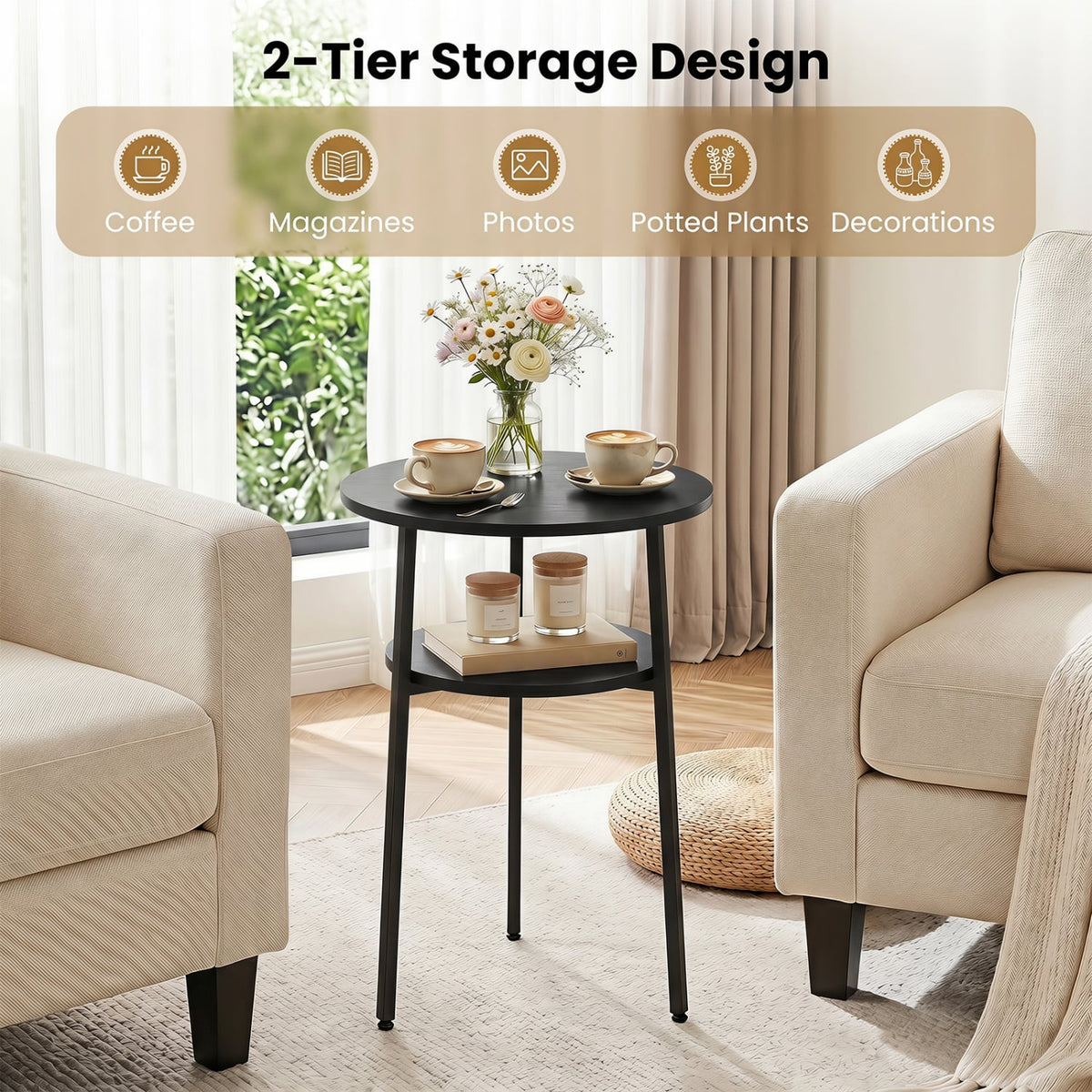 Round Side Table with Storage Shelf & Metal Frame for Living Room-Black-End & Side Tables-DECOROLALA