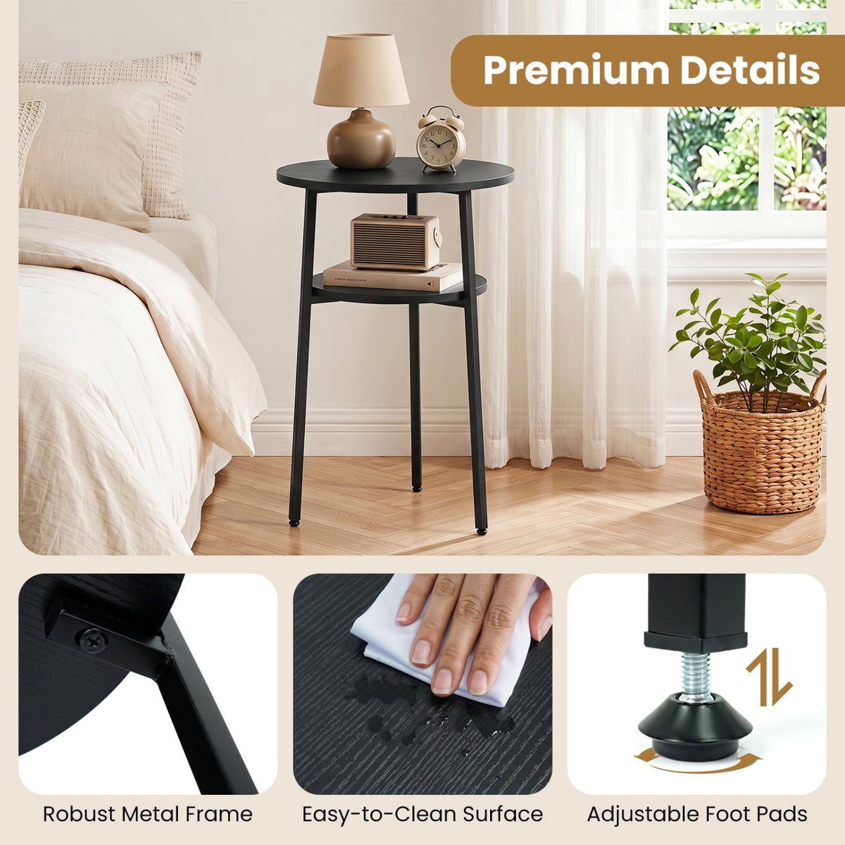 Round Side Table with Storage Shelf & Metal Frame for Living Room-Black-End & Side Tables-DECOROLALA