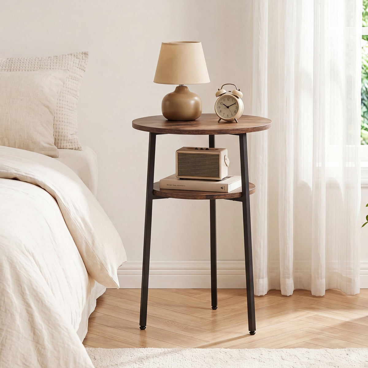 Round Side Table with Storage Shelf & Metal Frame for Living Room-Rustic Brown-End & Side Tables-DECOROLALA