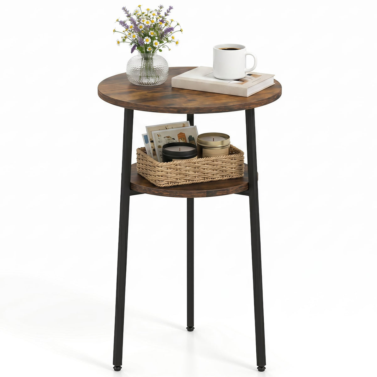 Round Side Table with Storage Shelf & Metal Frame for Living Room-Rustic Brown-End & Side Tables-DECOROLALA