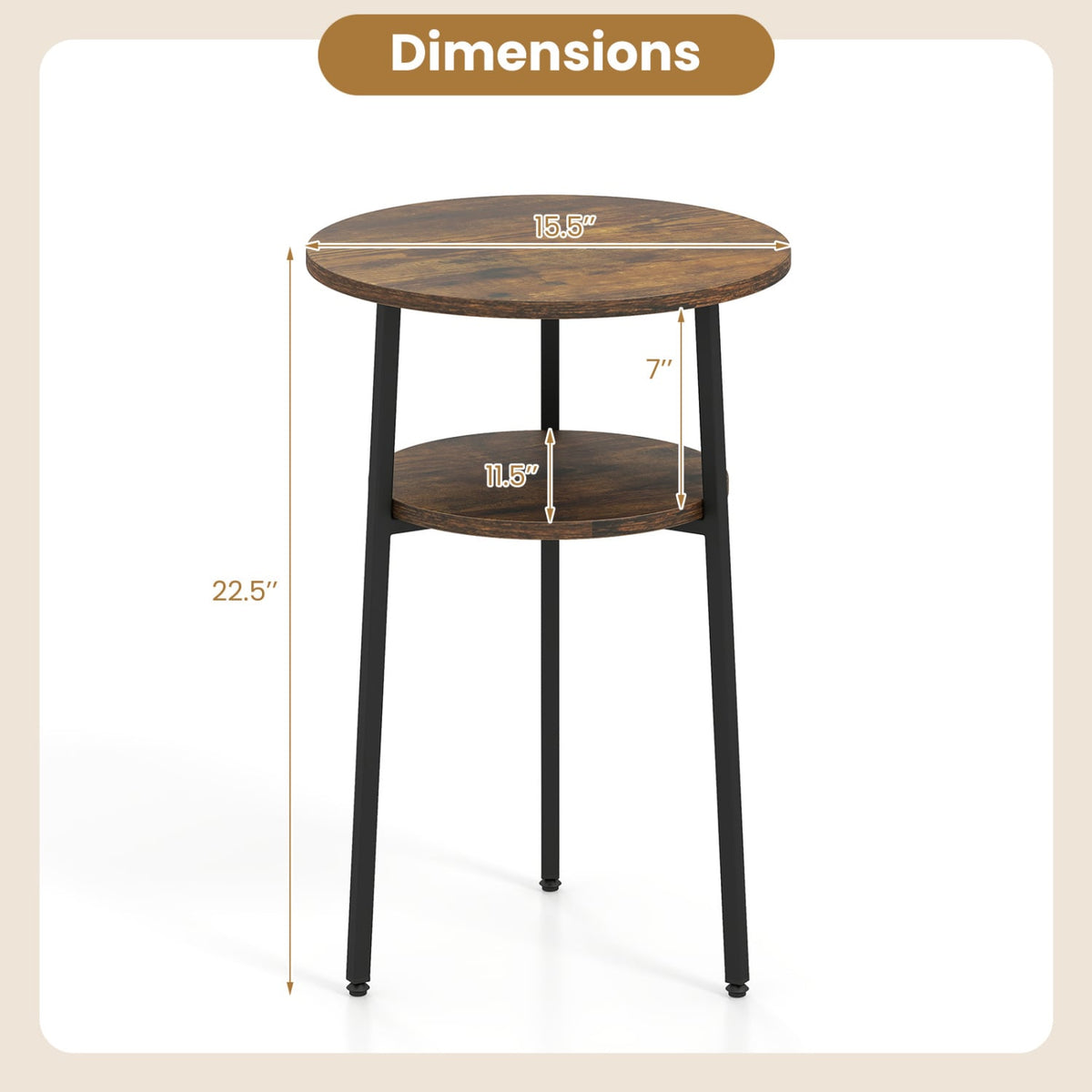 Round Side Table with Storage Shelf & Metal Frame for Living Room-Rustic Brown-End & Side Tables-DECOROLALA