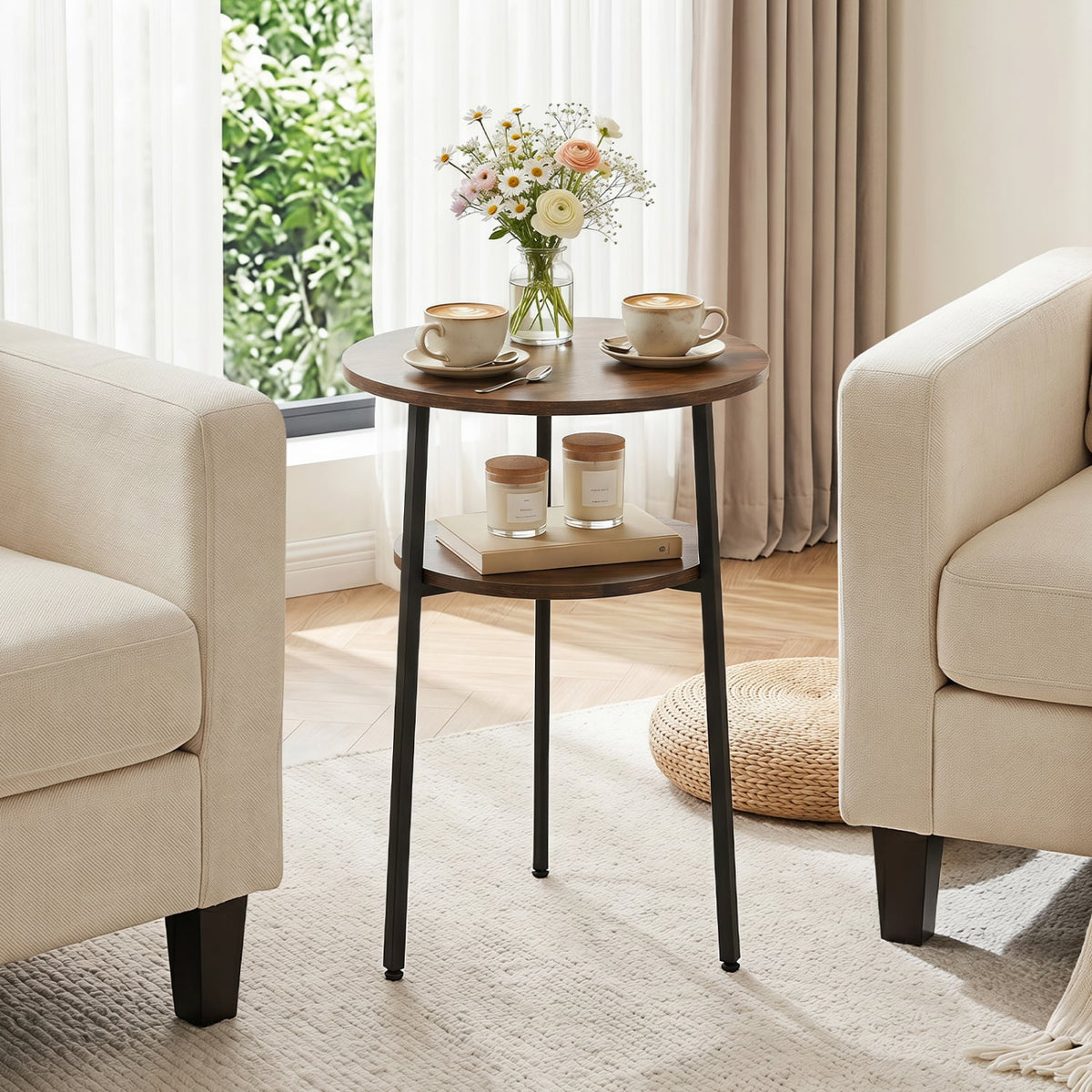 Round Side Table with Storage Shelf & Metal Frame for Living Room-Rustic Brown-End & Side Tables-DECOROLALA