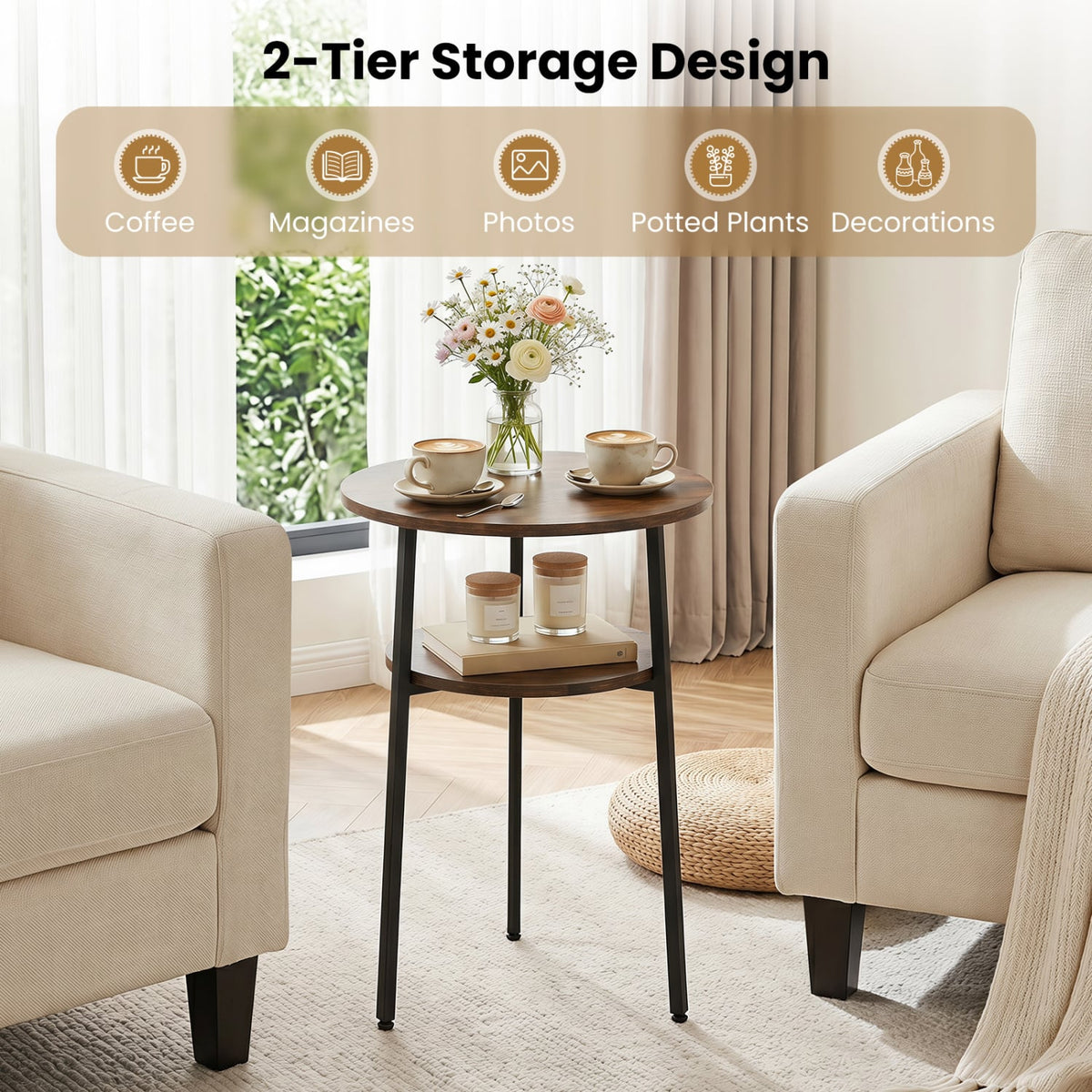 Round Side Table with Storage Shelf & Metal Frame for Living Room-Rustic Brown-End & Side Tables-DECOROLALA