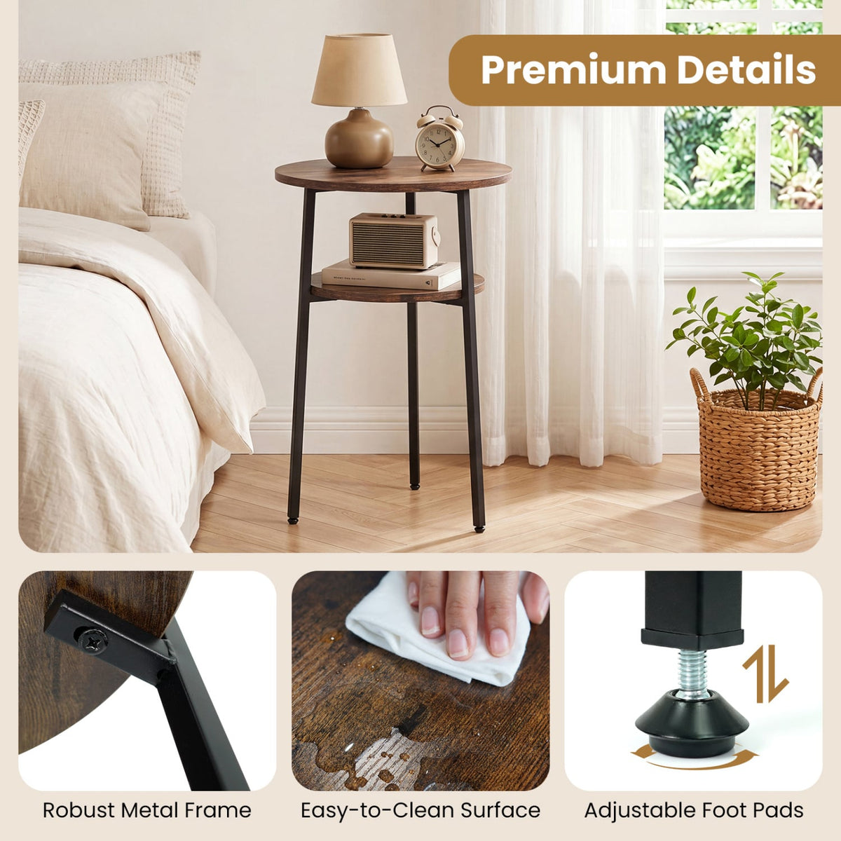 Round Side Table with Storage Shelf & Metal Frame for Living Room-Rustic Brown-End & Side Tables-DECOROLALA