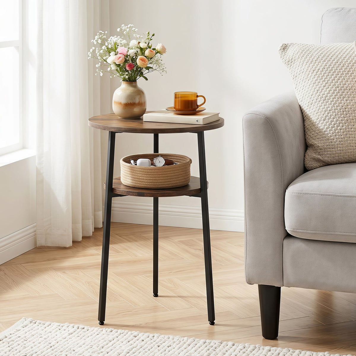 Round Side Table with Storage Shelf & Metal Frame for Living Room-Rustic Brown-End & Side Tables-DECOROLALA