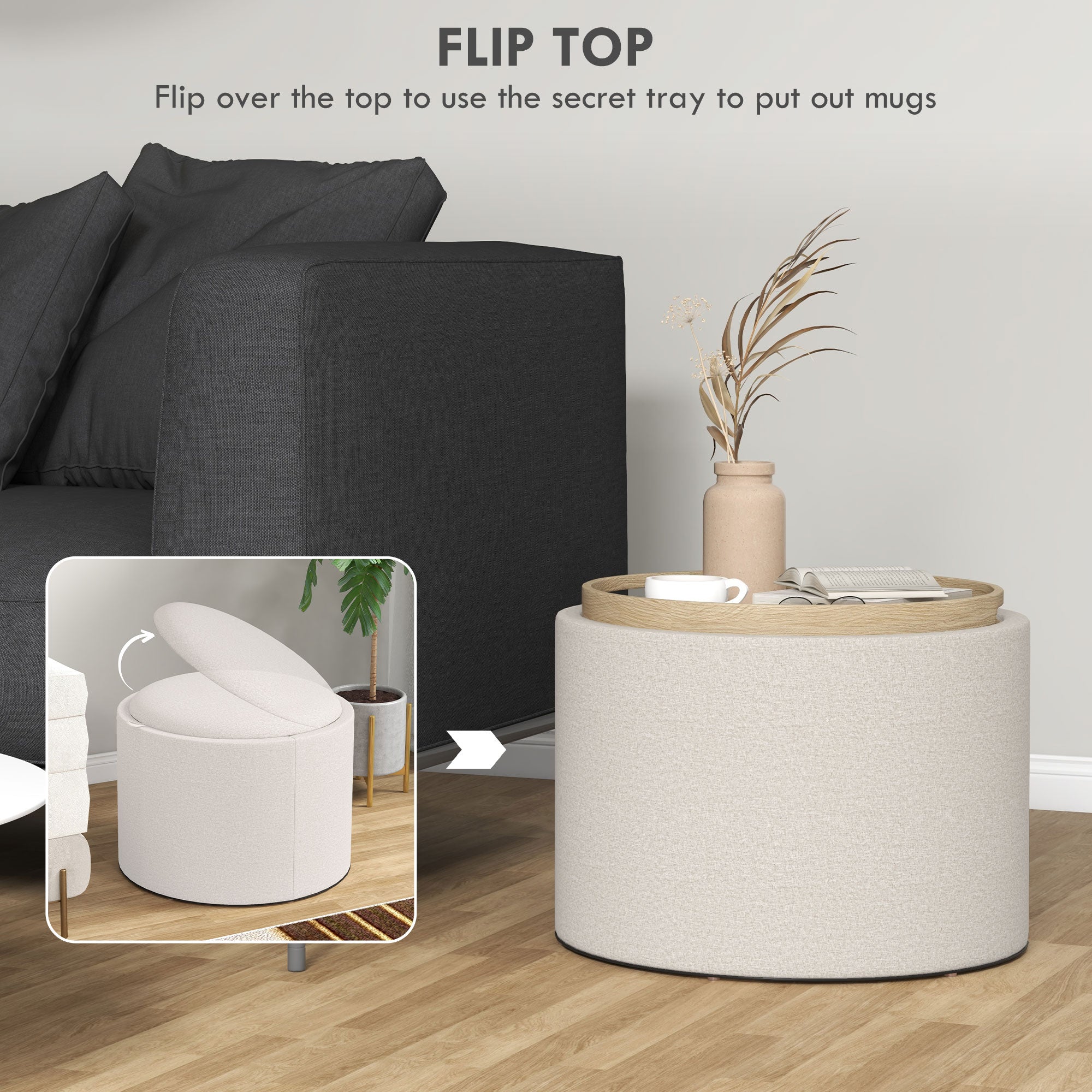 Round Storage Coffee Table - Cream White Linen Tray Top-Home Furnishings > Living Room Furniture > Coffee Tables-DECOROLALA