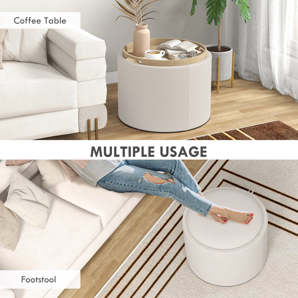 Round Storage Coffee Table - Cream White Linen Tray Top-Home Furnishings > Living Room Furniture > Coffee Tables-DECOROLALA