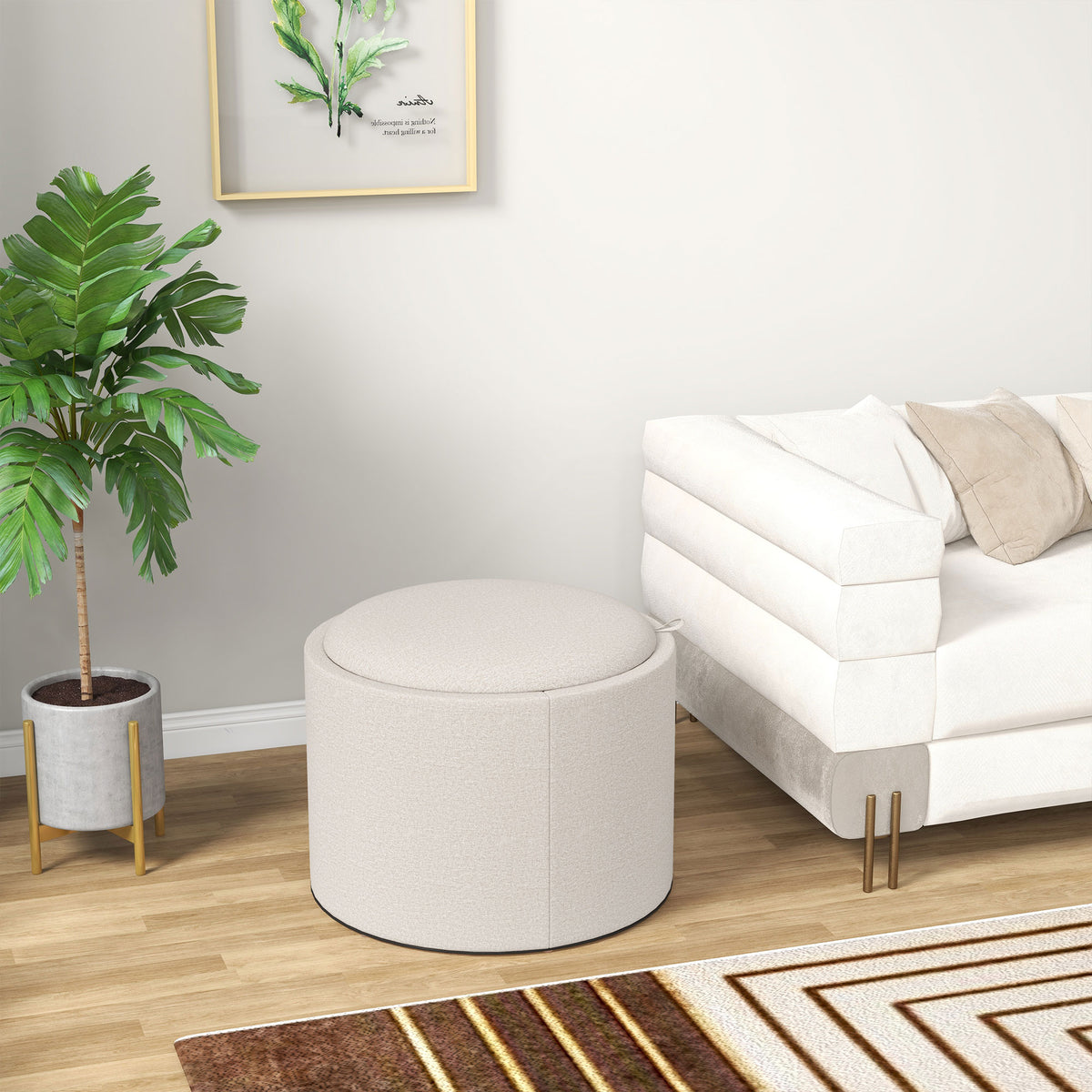 Round Storage Coffee Table - Cream White Linen Tray Top-Home Furnishings > Living Room Furniture > Coffee Tables-DECOROLALA