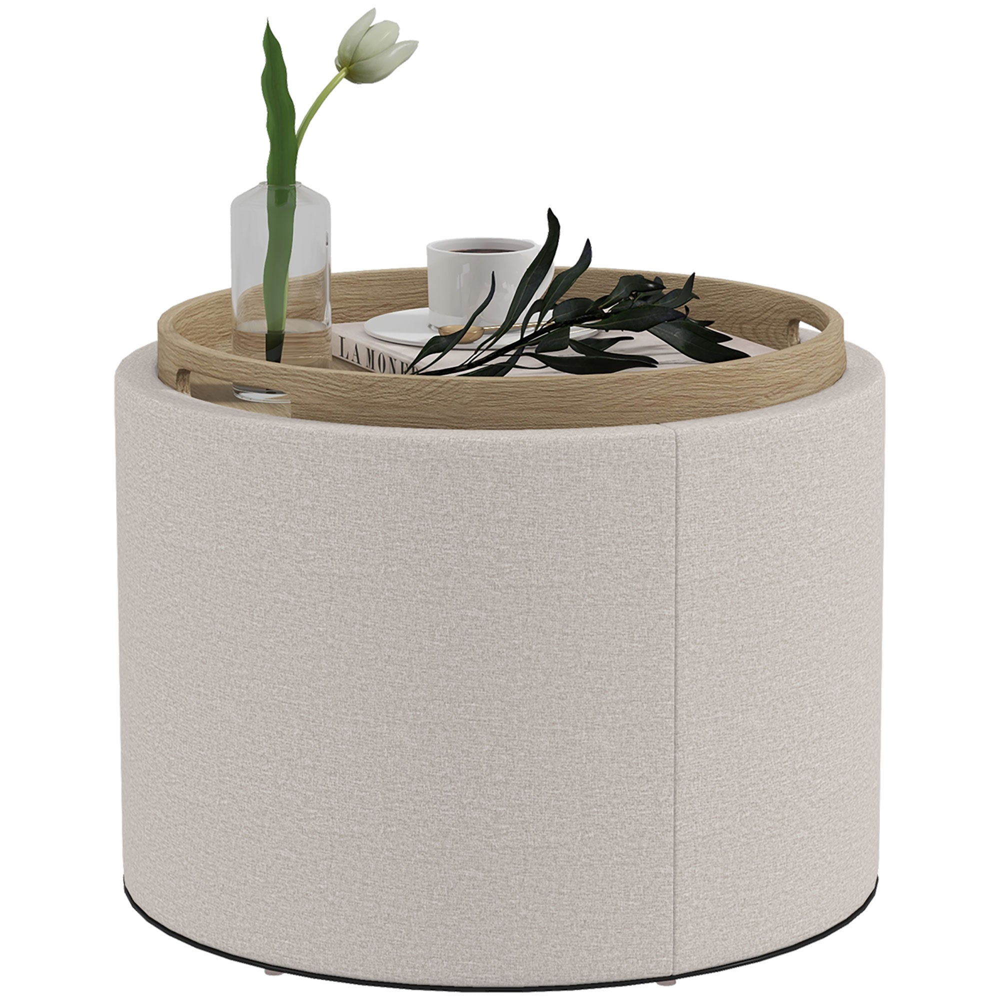 Round Storage Coffee Table - Cream White Linen Tray Top-Home Furnishings > Living Room Furniture > Coffee Tables-DECOROLALA