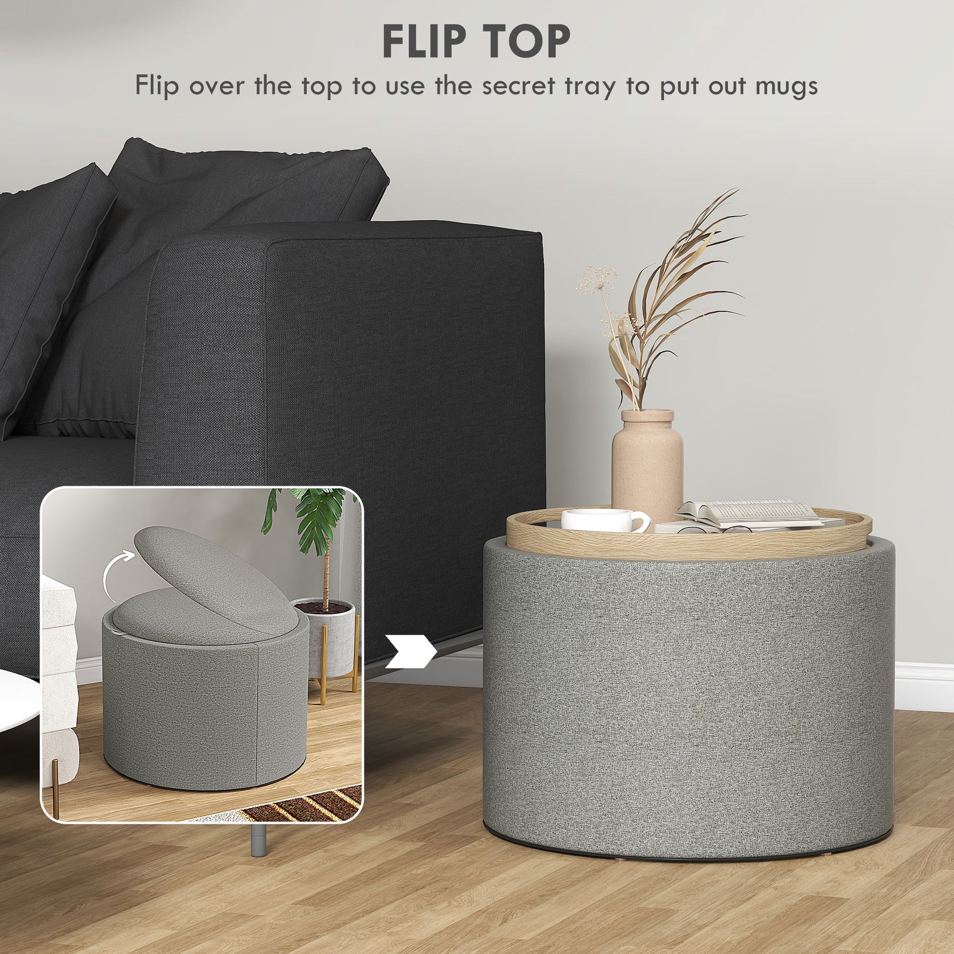 Round Storage Coffee Table - Grey Linen Upholstered Tray Top-Home Furnishings > Living Room Furniture > Coffee Tables-DECOROLALA