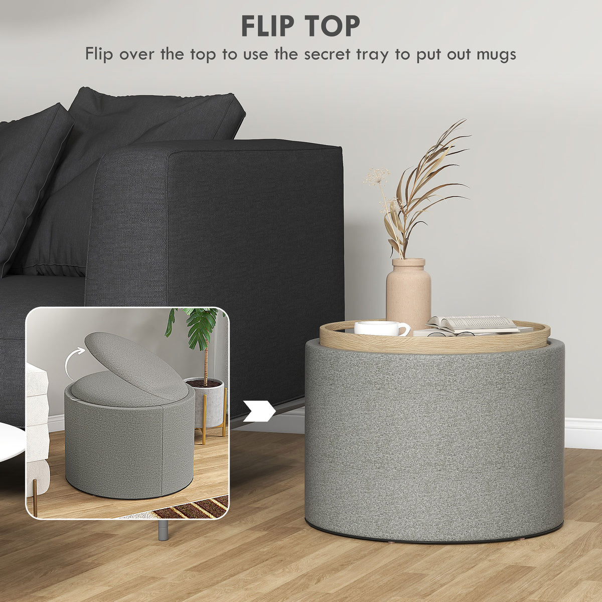 Round Storage Coffee Table - Grey Linen Upholstered Tray Top-Home Furnishings > Living Room Furniture > Coffee Tables-DECOROLALA