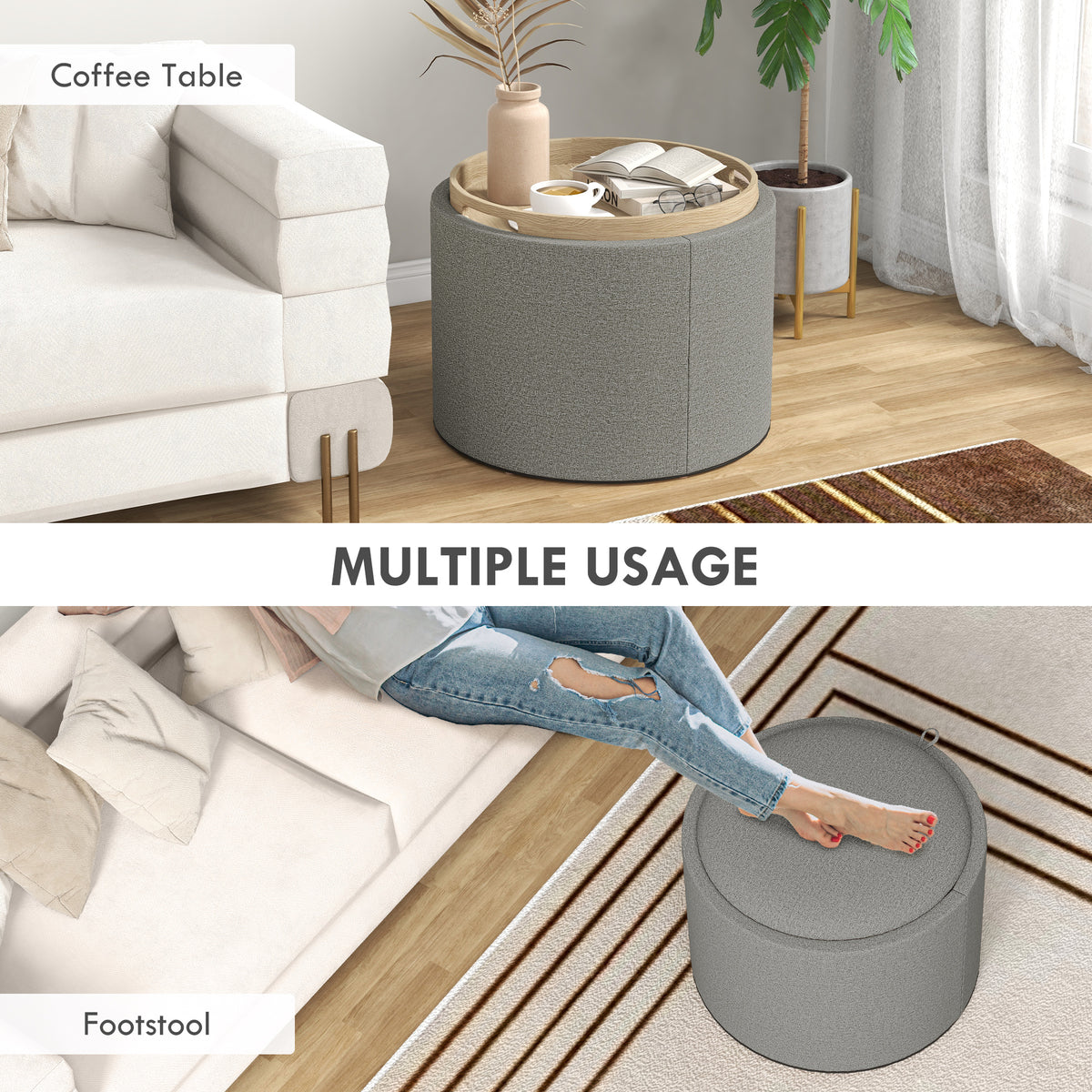 Round Storage Coffee Table - Grey Linen Upholstered Tray Top-Home Furnishings > Living Room Furniture > Coffee Tables-DECOROLALA