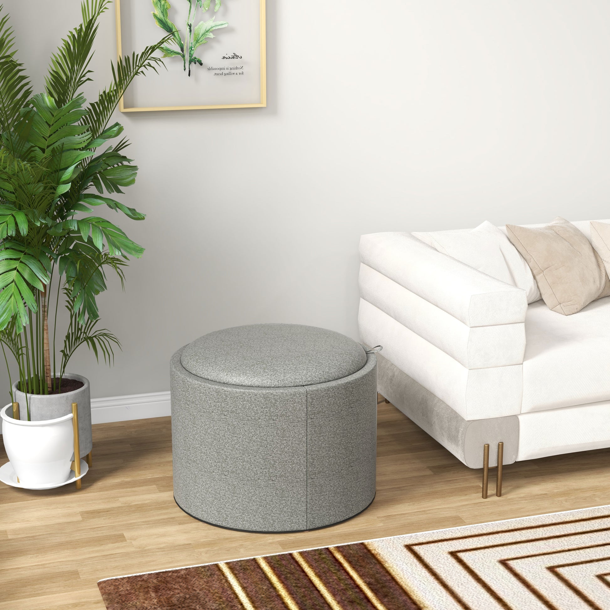 Round Storage Coffee Table - Grey Linen Upholstered Tray Top-Home Furnishings > Living Room Furniture > Coffee Tables-DECOROLALA