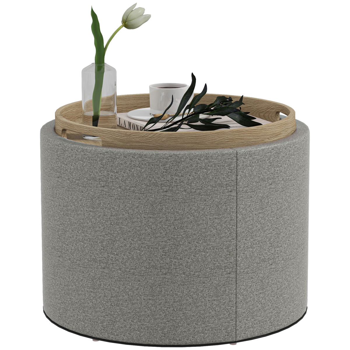 Round Storage Coffee Table - Grey Linen Upholstered Tray Top-Home Furnishings > Living Room Furniture > Coffee Tables-DECOROLALA
