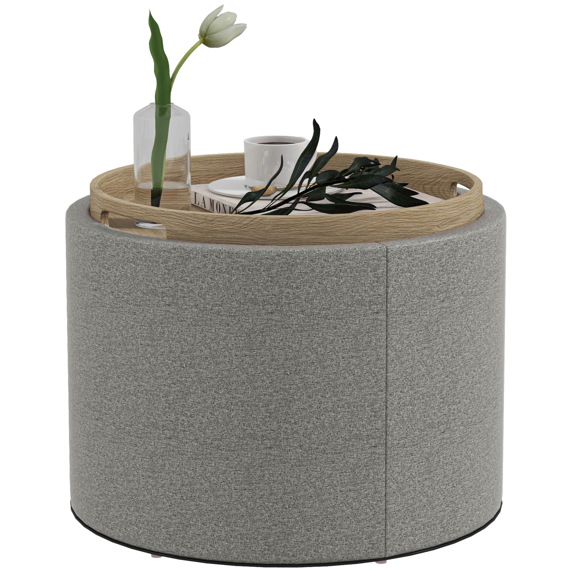 Round Storage Coffee Table - Grey Linen Upholstered Tray Top-Home Furnishings > Living Room Furniture > Coffee Tables-DECOROLALA