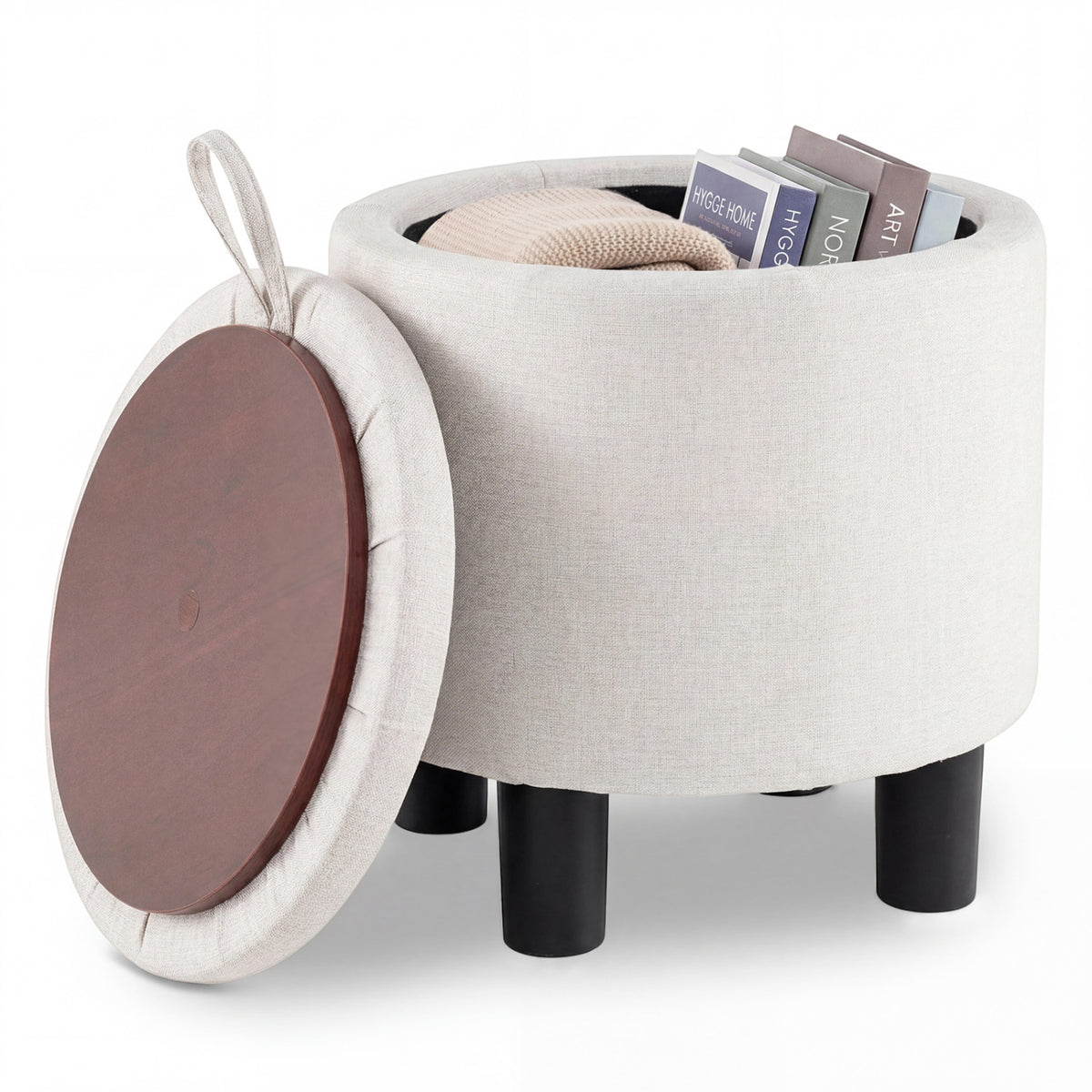Round Storage Ottoman Linen Fabric Upholstered Footrest Stool-Beige-Ottomans-DECOROLALA
