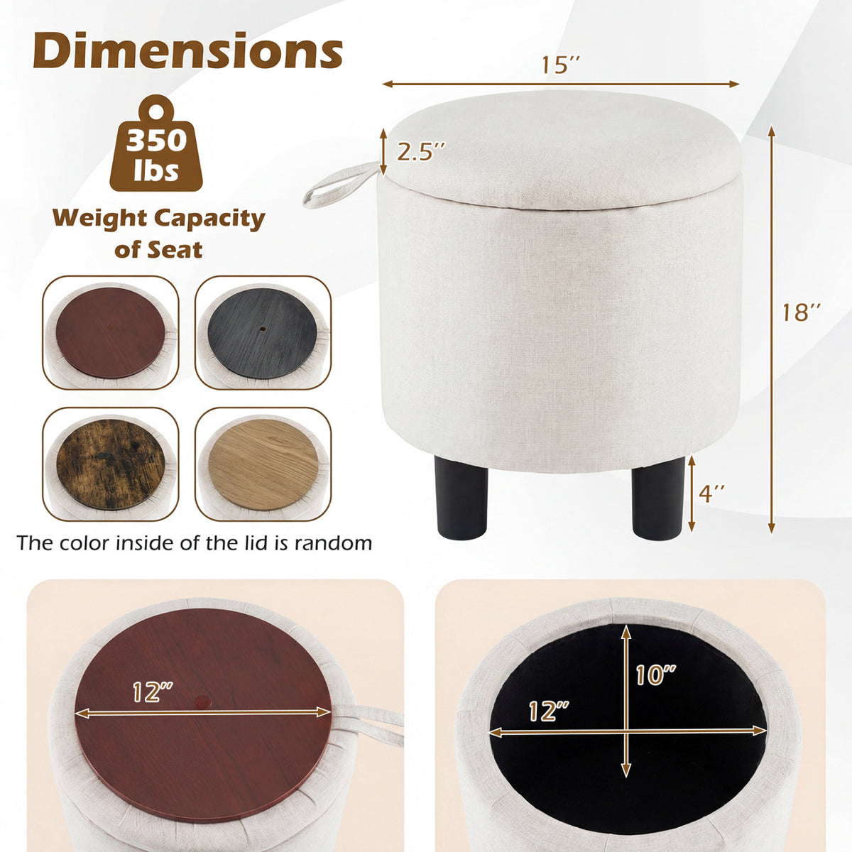 Round Storage Ottoman Linen Fabric Upholstered Footrest Stool-Beige-Ottomans-DECOROLALA