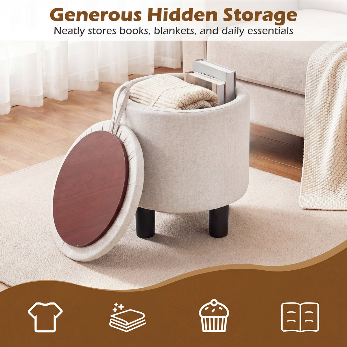 Round Storage Ottoman Linen Fabric Upholstered Footrest Stool-Beige-Ottomans-DECOROLALA