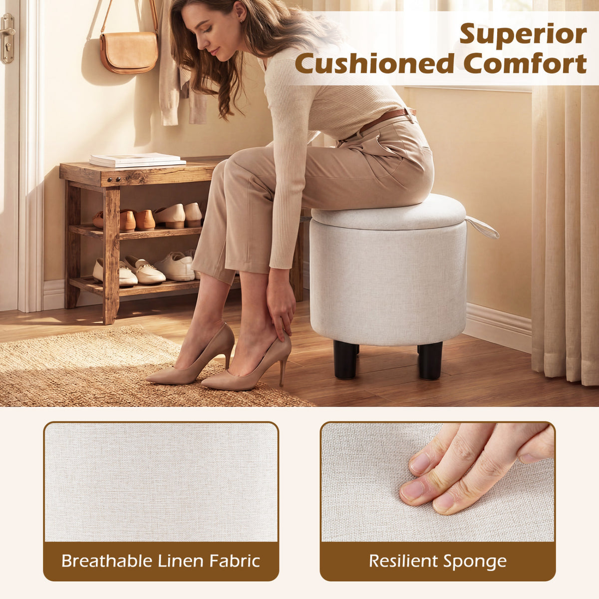 Round Storage Ottoman Linen Fabric Upholstered Footrest Stool-Beige-Ottomans-DECOROLALA