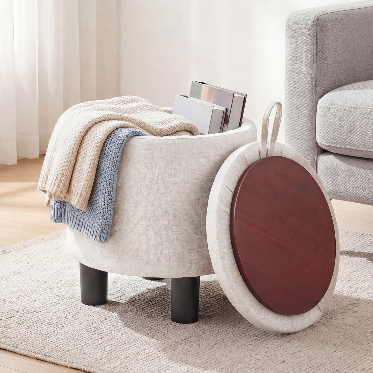 Round Storage Ottoman Linen Fabric Upholstered Footrest Stool-Beige-Ottomans-DECOROLALA