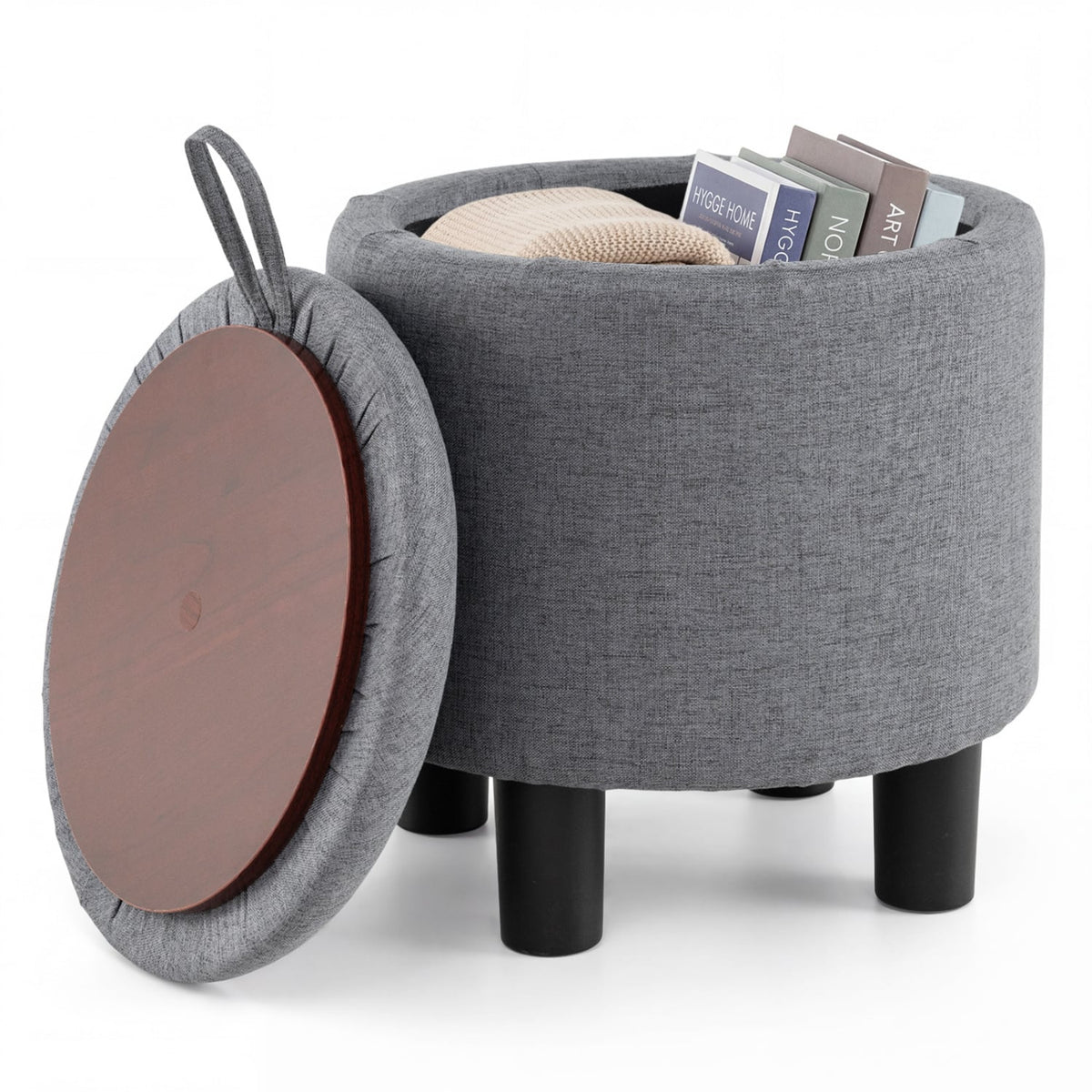 Round Storage Ottoman Linen Fabric Upholstered Footrest Stool-Gray-Ottomans-DECOROLALA