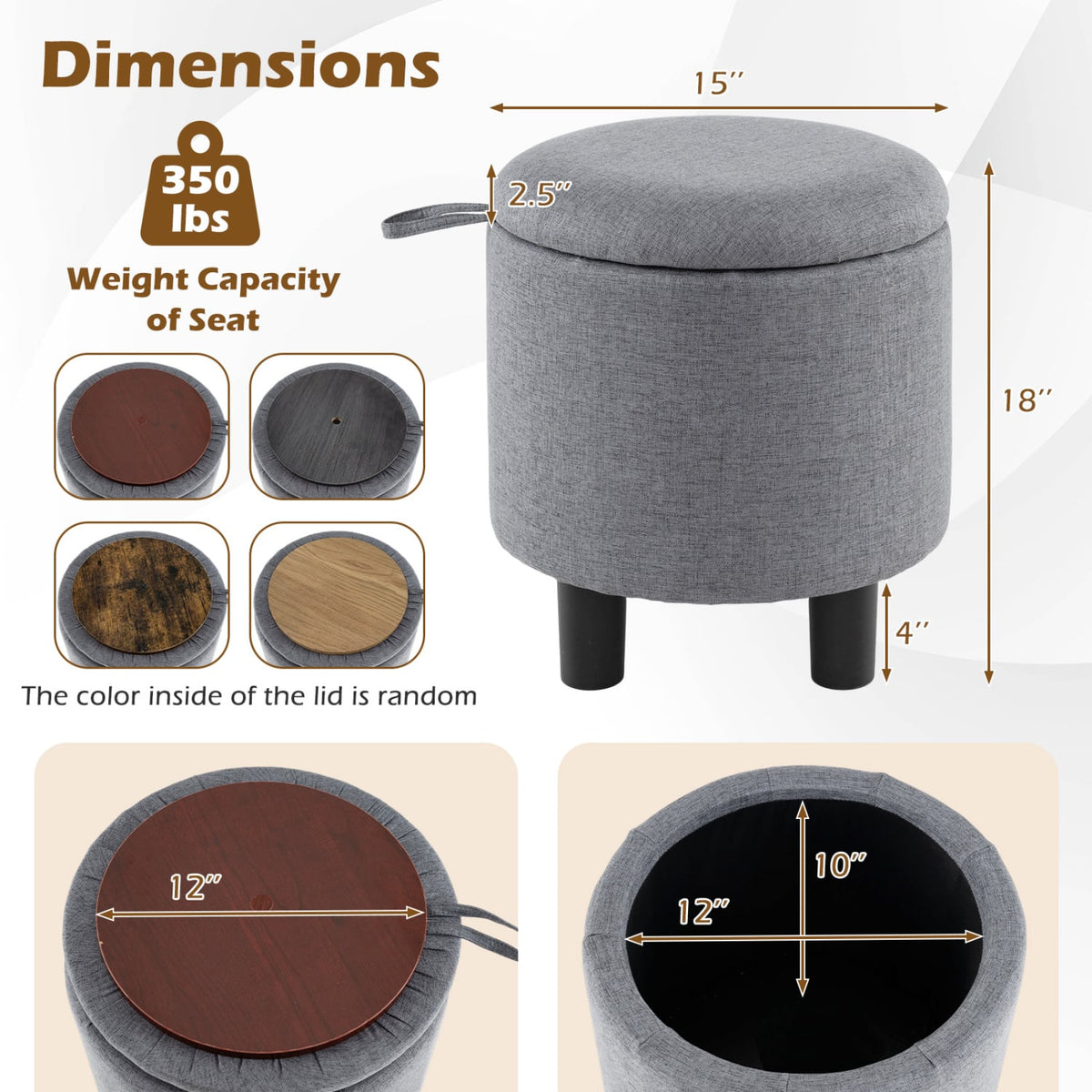 Round Storage Ottoman Linen Fabric Upholstered Footrest Stool-Gray-Ottomans-DECOROLALA