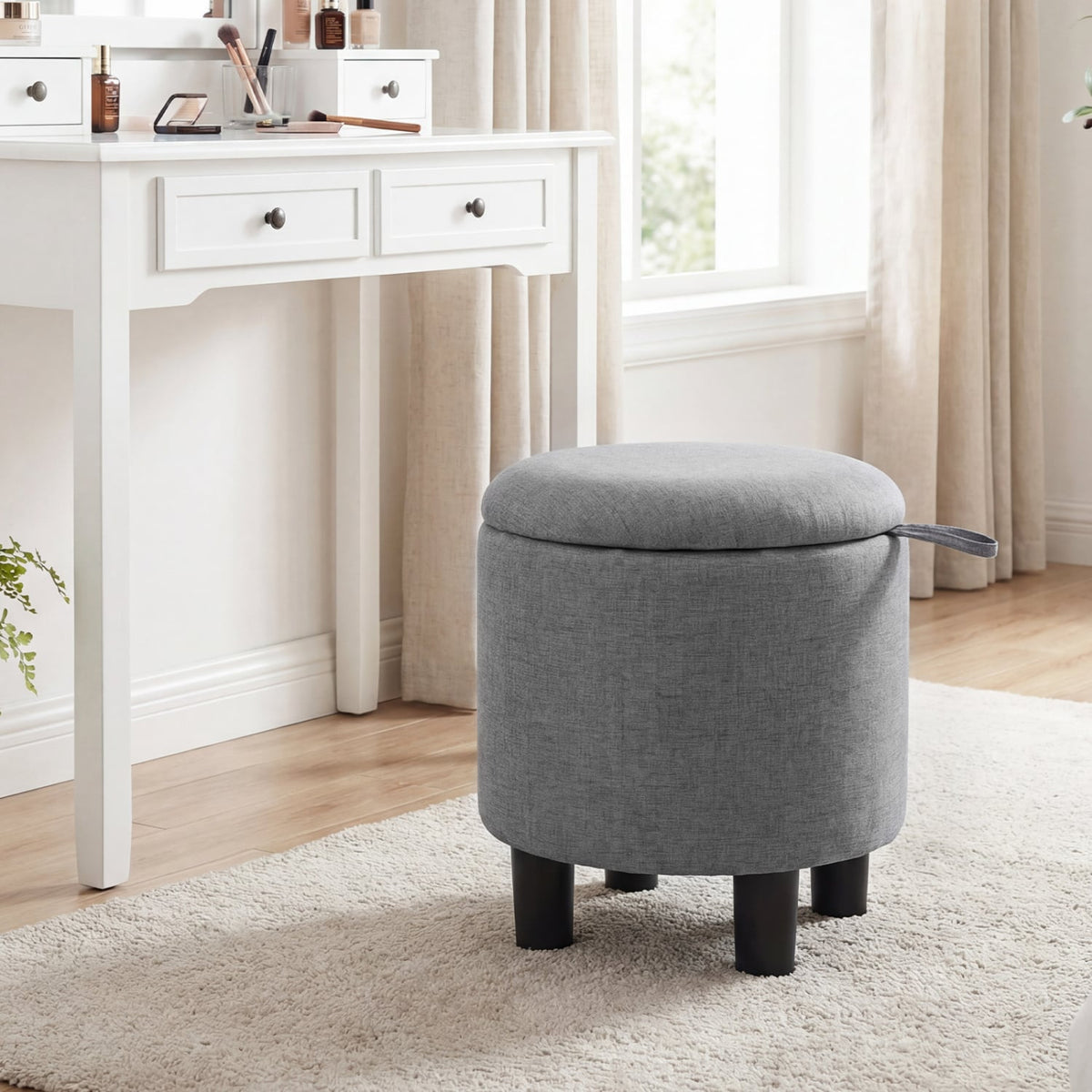 Round Storage Ottoman Linen Fabric Upholstered Footrest Stool-Gray-Ottomans-DECOROLALA