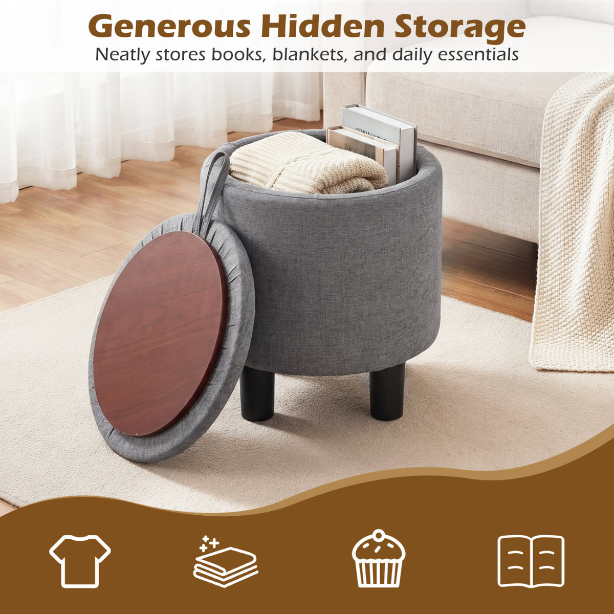 Round Storage Ottoman Linen Fabric Upholstered Footrest Stool-Gray-Ottomans-DECOROLALA