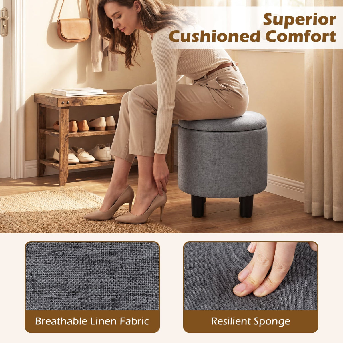 Round Storage Ottoman Linen Fabric Upholstered Footrest Stool-Gray-Ottomans-DECOROLALA