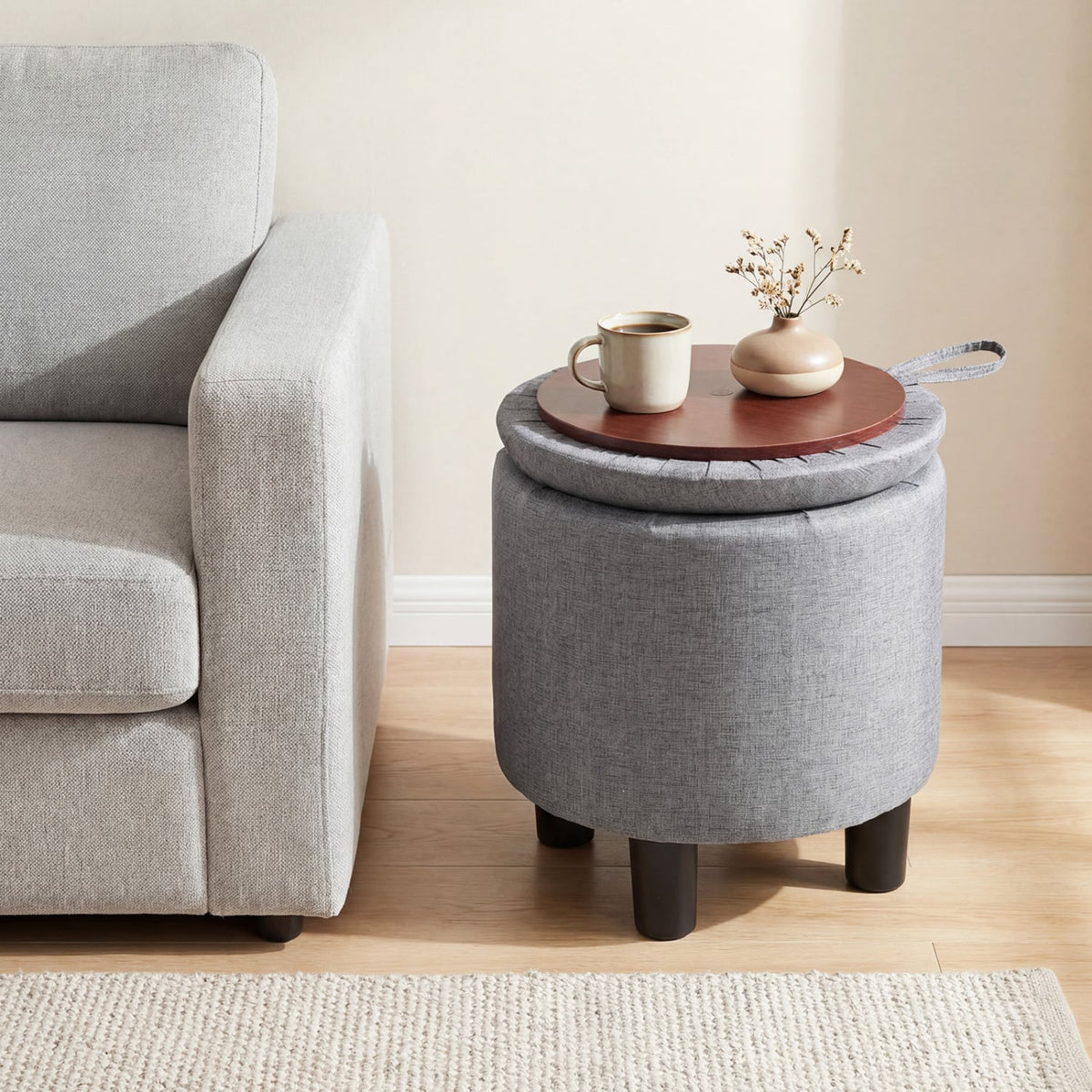 Round Storage Ottoman Linen Fabric Upholstered Footrest Stool-Gray-Ottomans-DECOROLALA