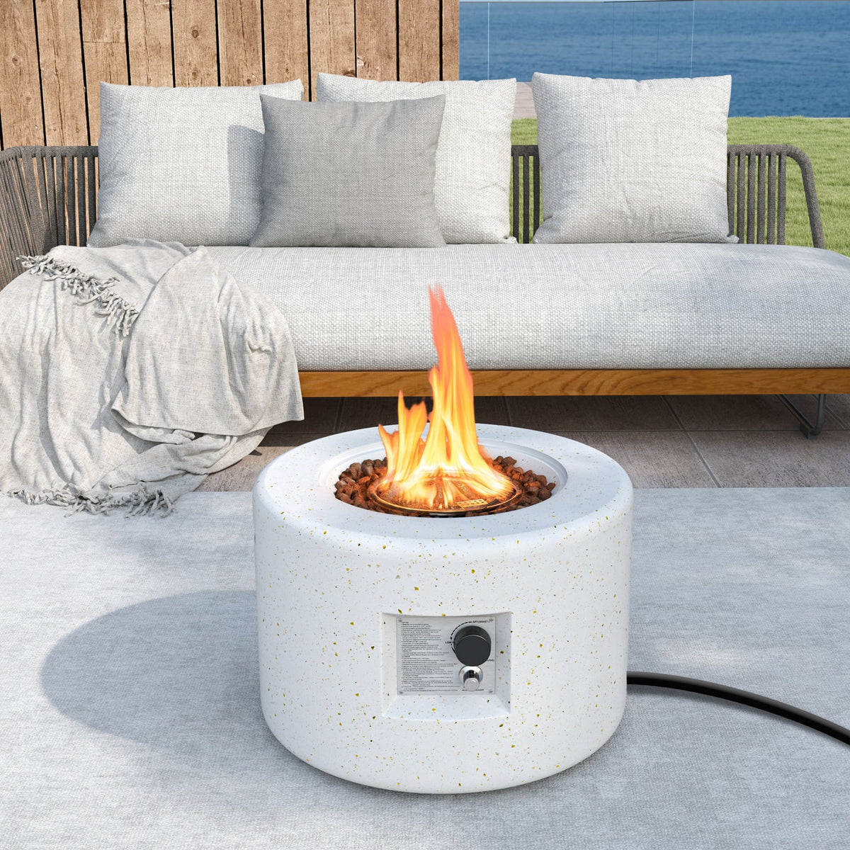 Round Terrazzo Propane Gas Fire Pit Protective PVC Cover Lava Rocks Included-Fire Pit Tables-DECOROLALA