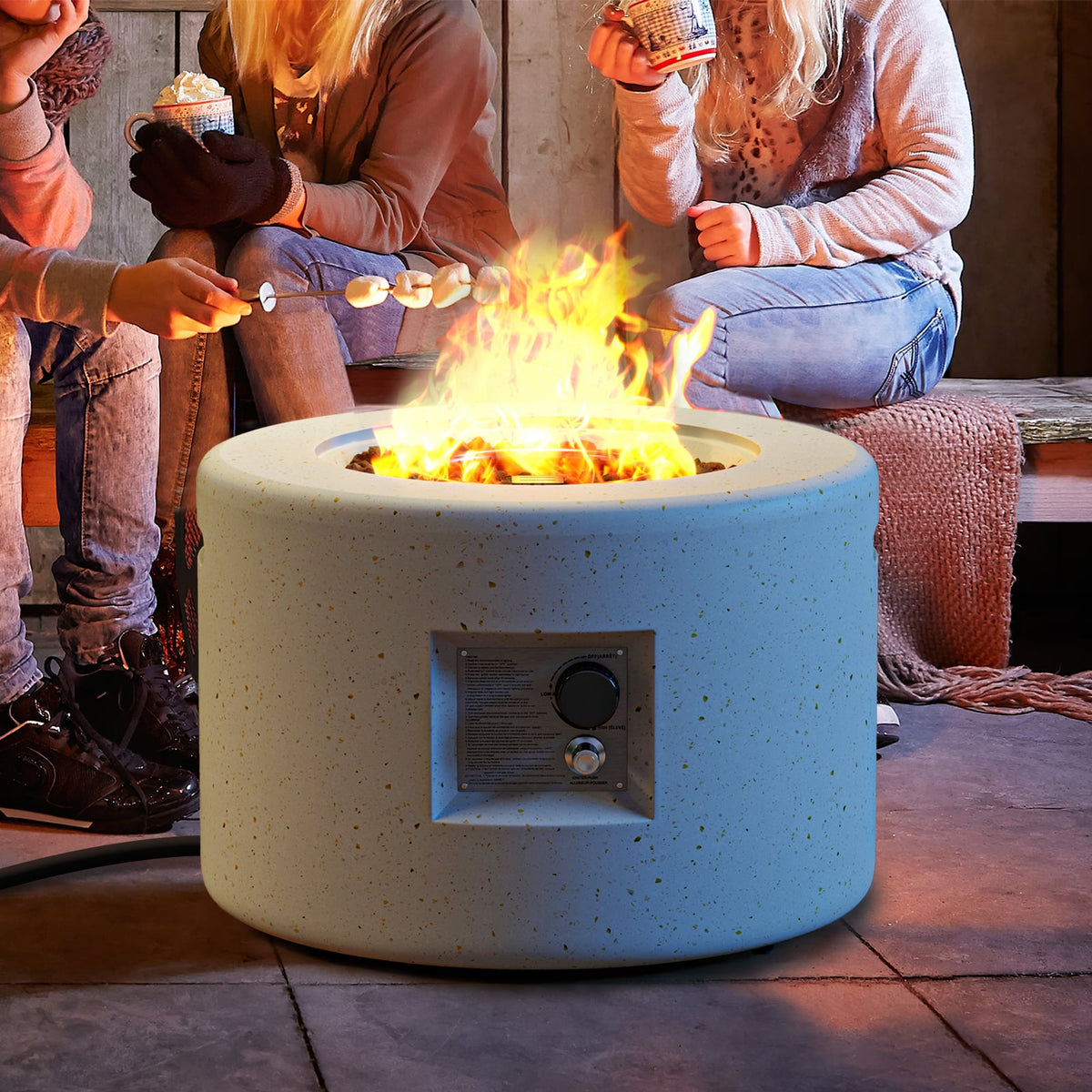 Round Terrazzo Propane Gas Fire Pit Protective PVC Cover Lava Rocks Included-Fire Pit Tables-DECOROLALA